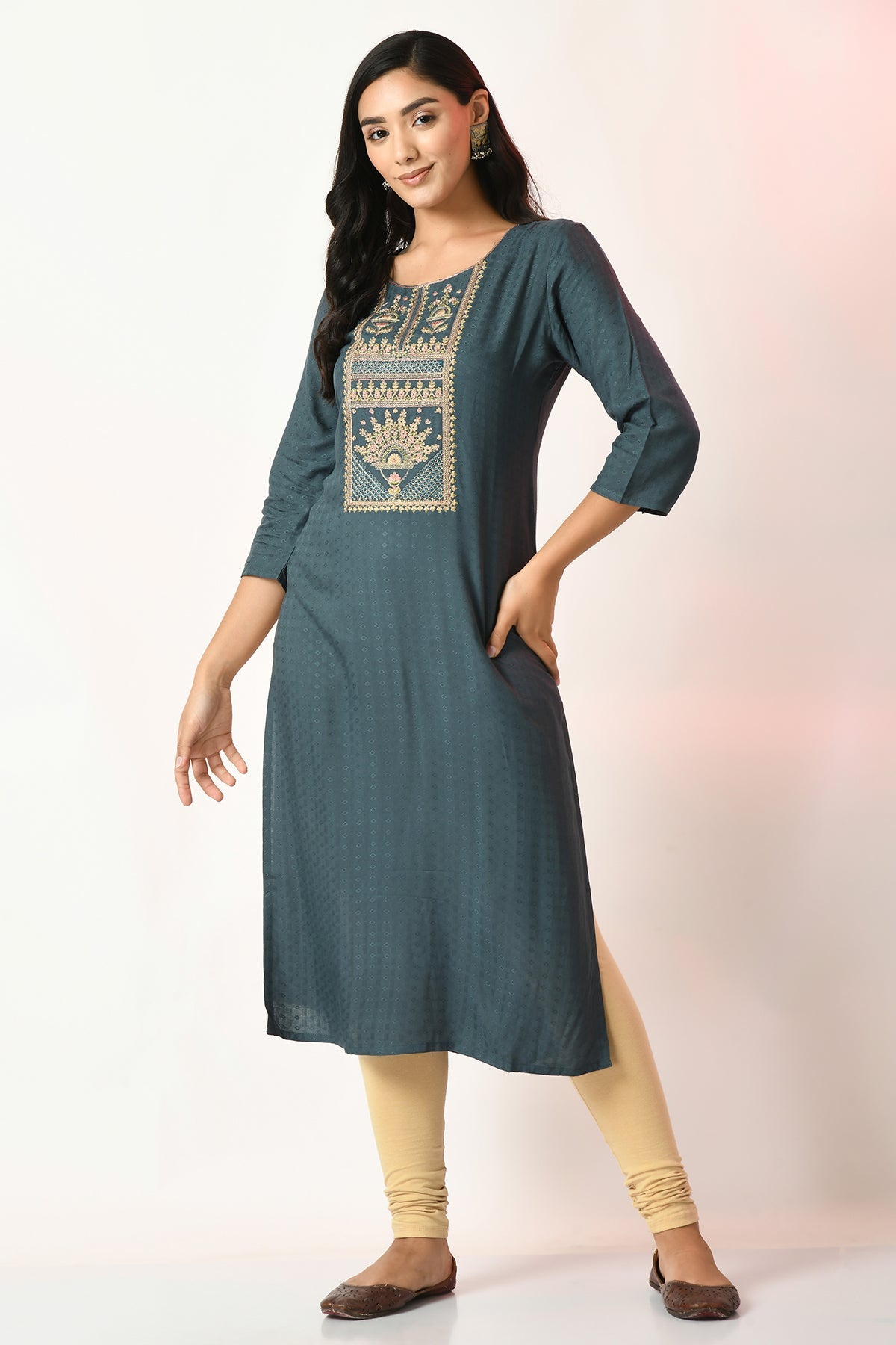 Teal Yoke Embroidered Kurta