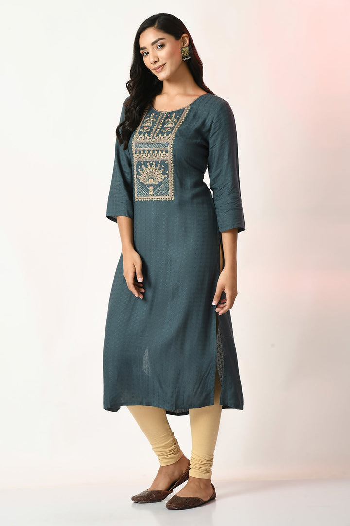 Teal Yoke Embroidered Kurta