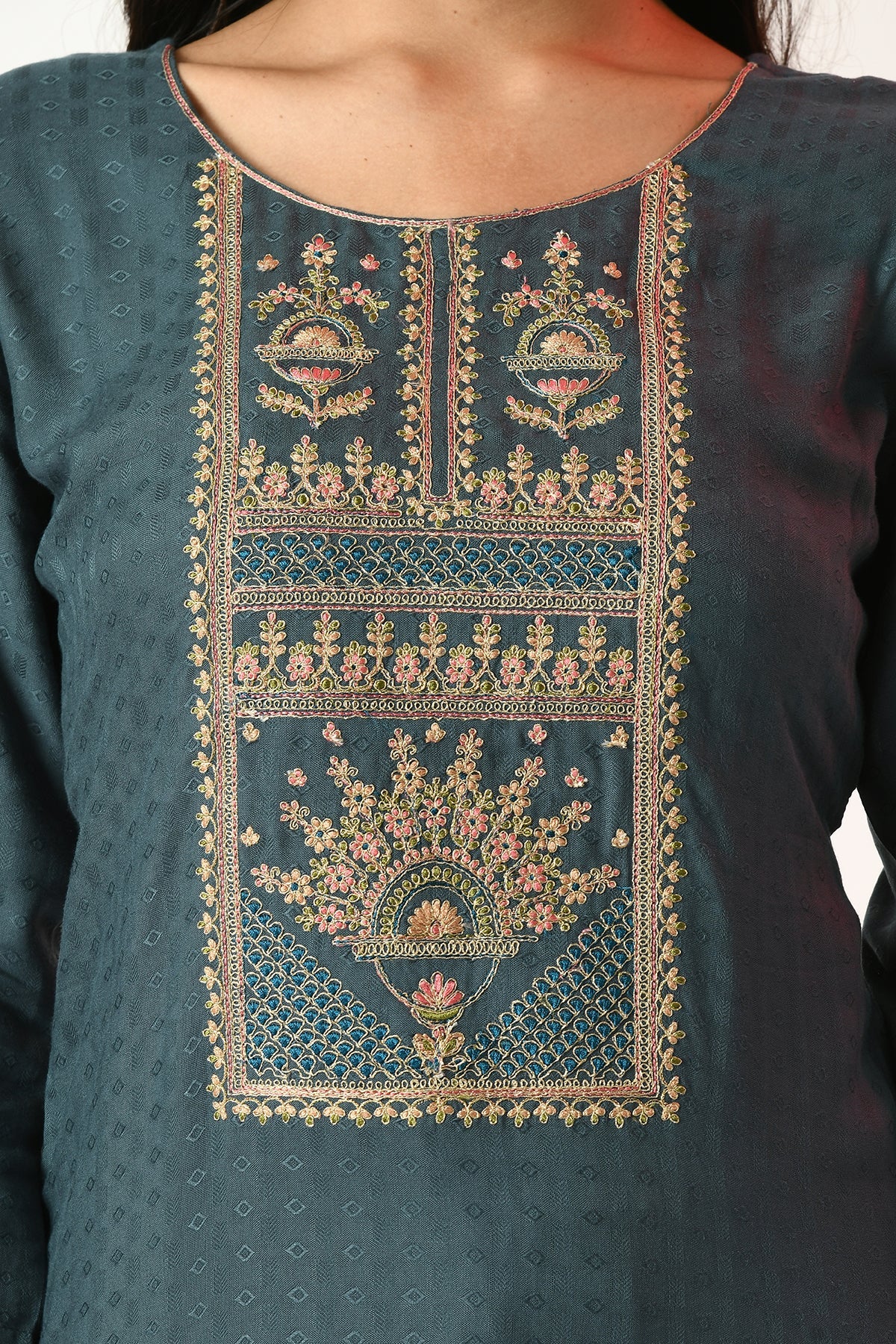 Teal Yoke Embroidered Kurta