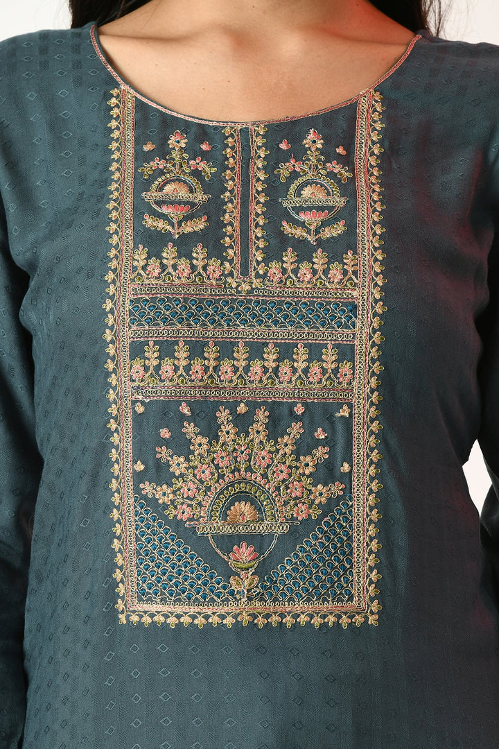 Teal Yoke Embroidered Kurta