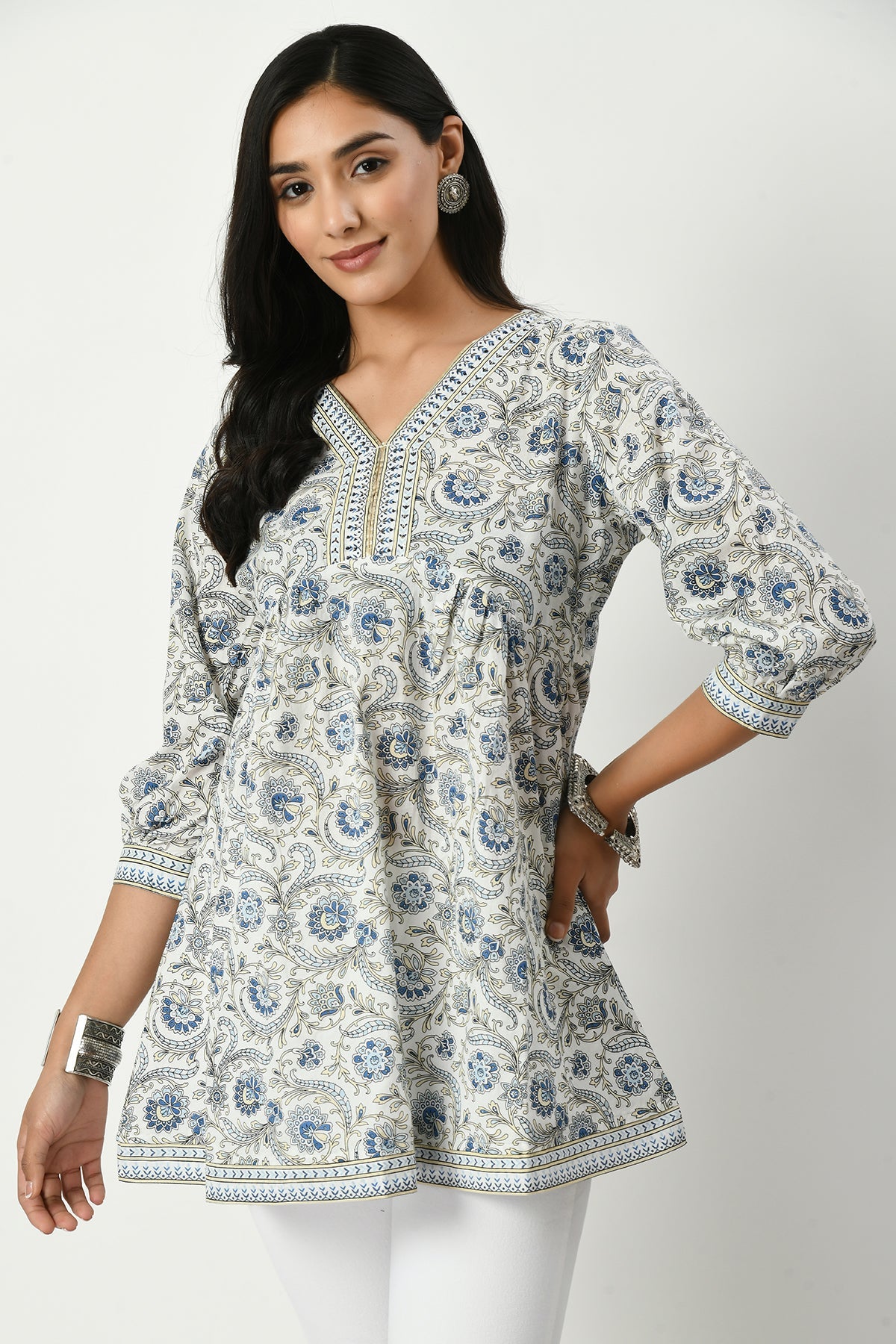 White Yoke Stone Work Floral Printed Top