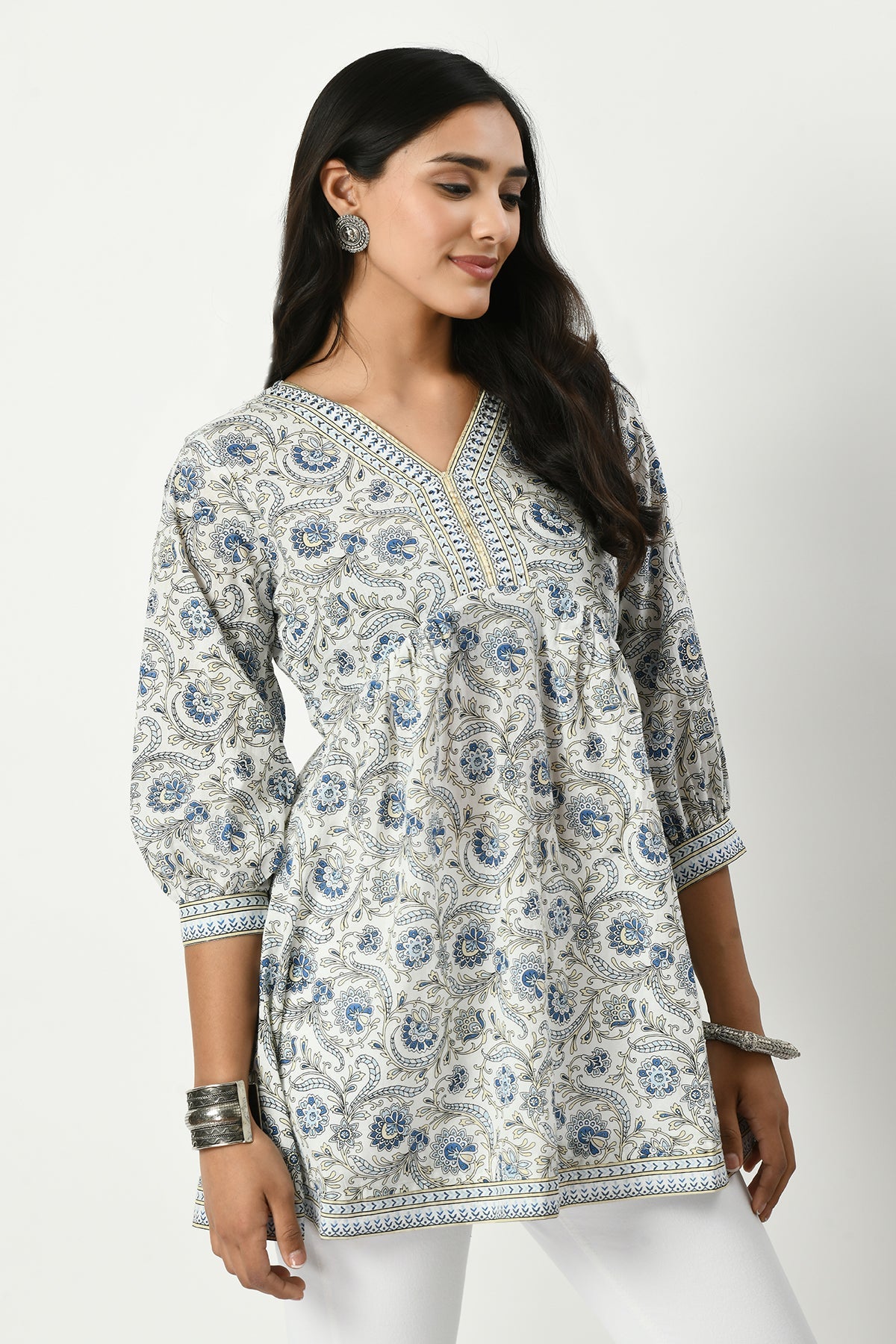 White Yoke Stone Work Floral Printed Top