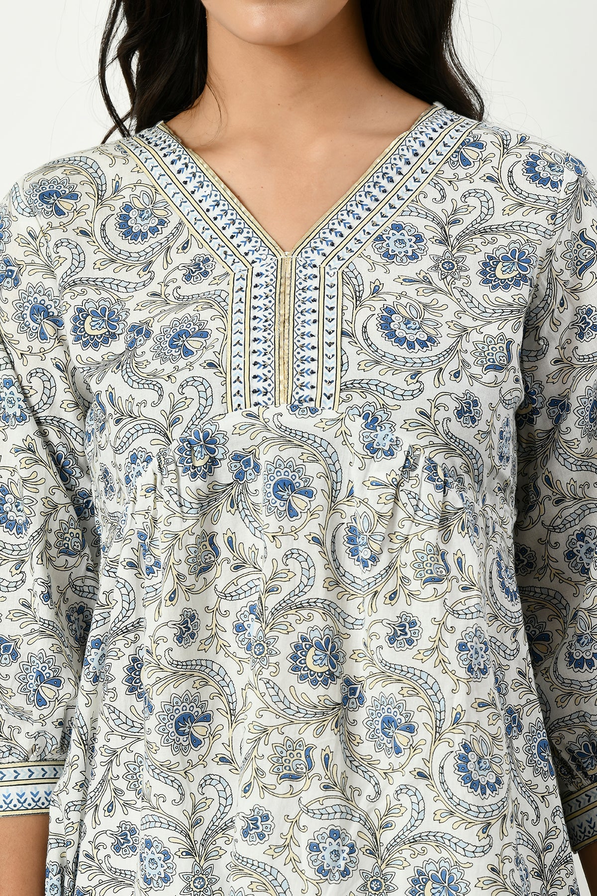 White Yoke Stone Work Floral Printed Top