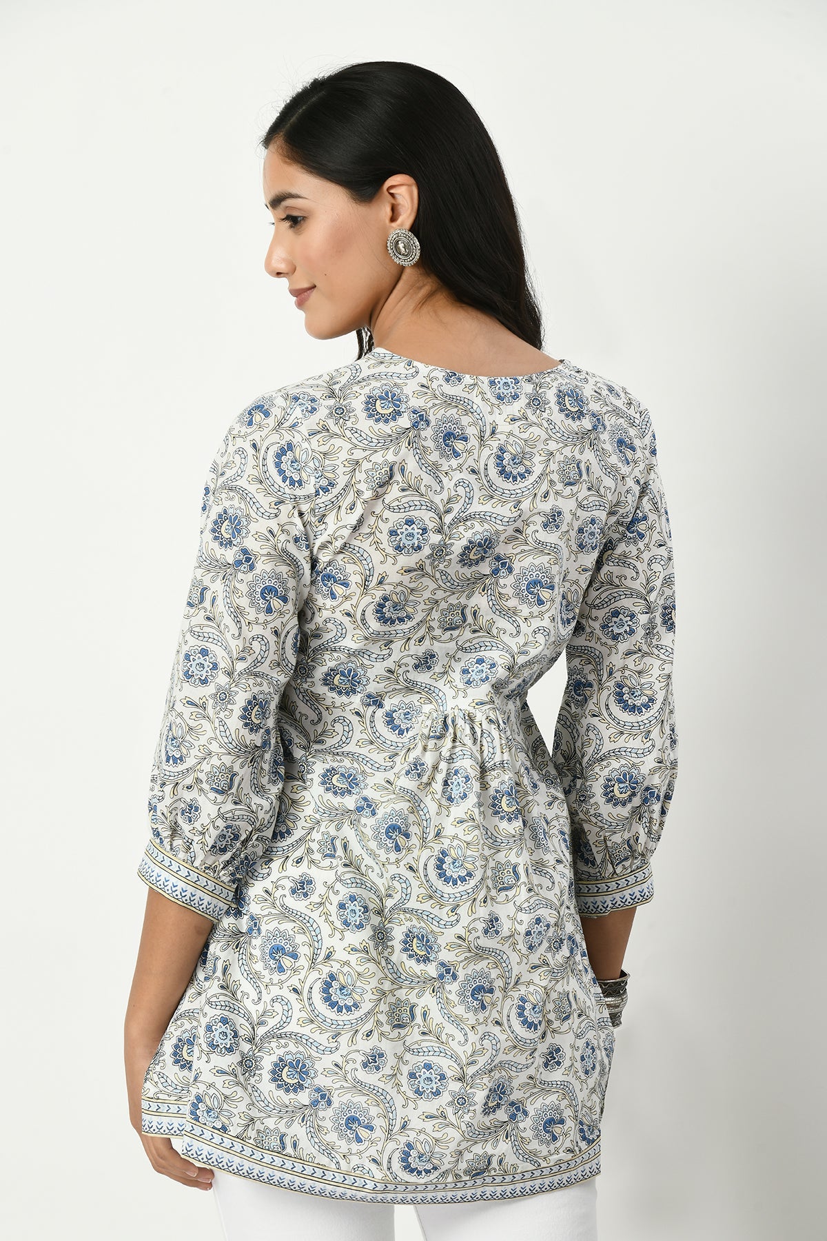 White Yoke Stone Work Floral Printed Top
