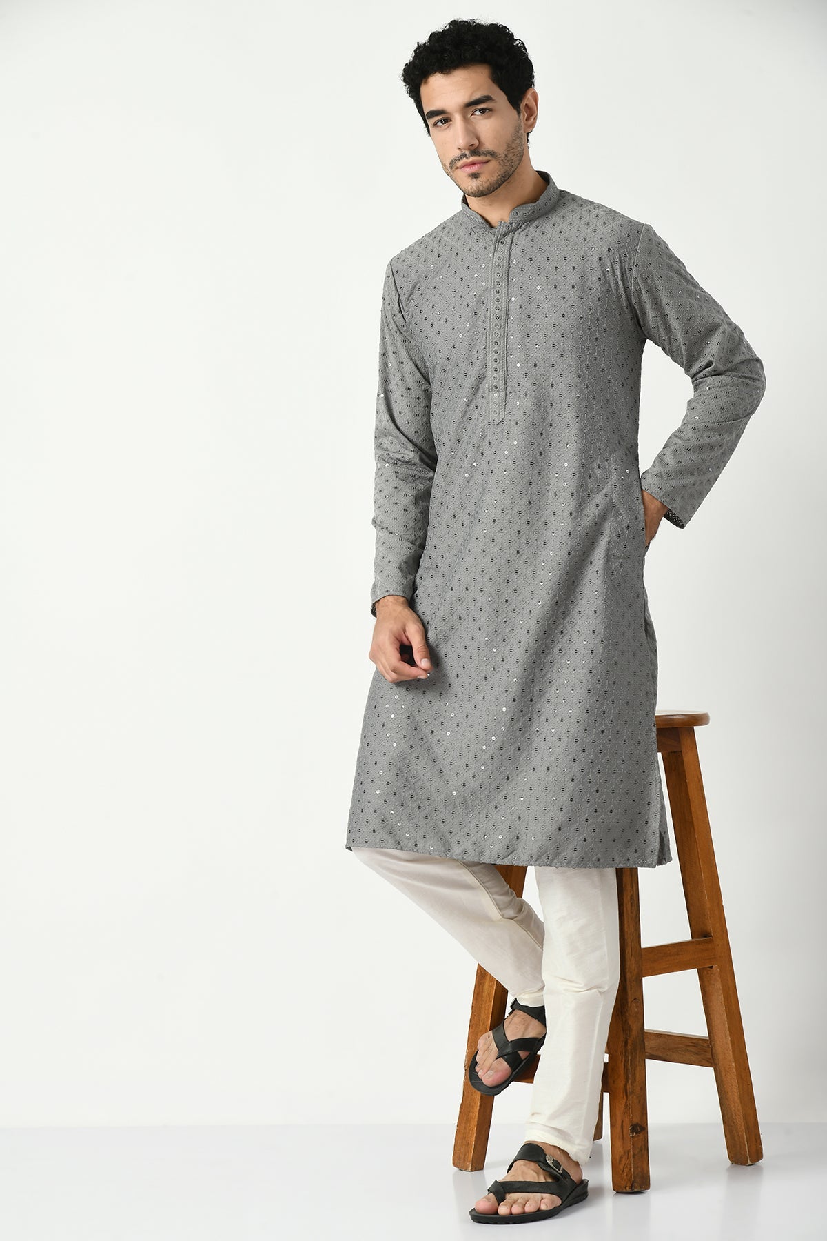 Grey Chikankari Straight Kurta Set
