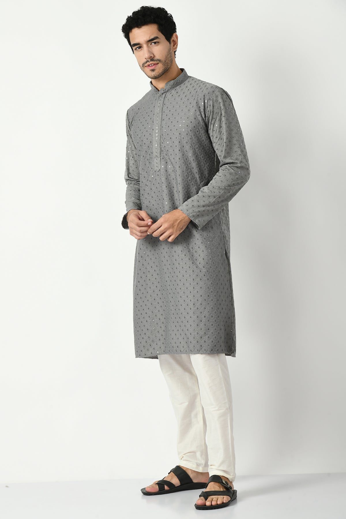 Grey Chikankari Straight Kurta Set