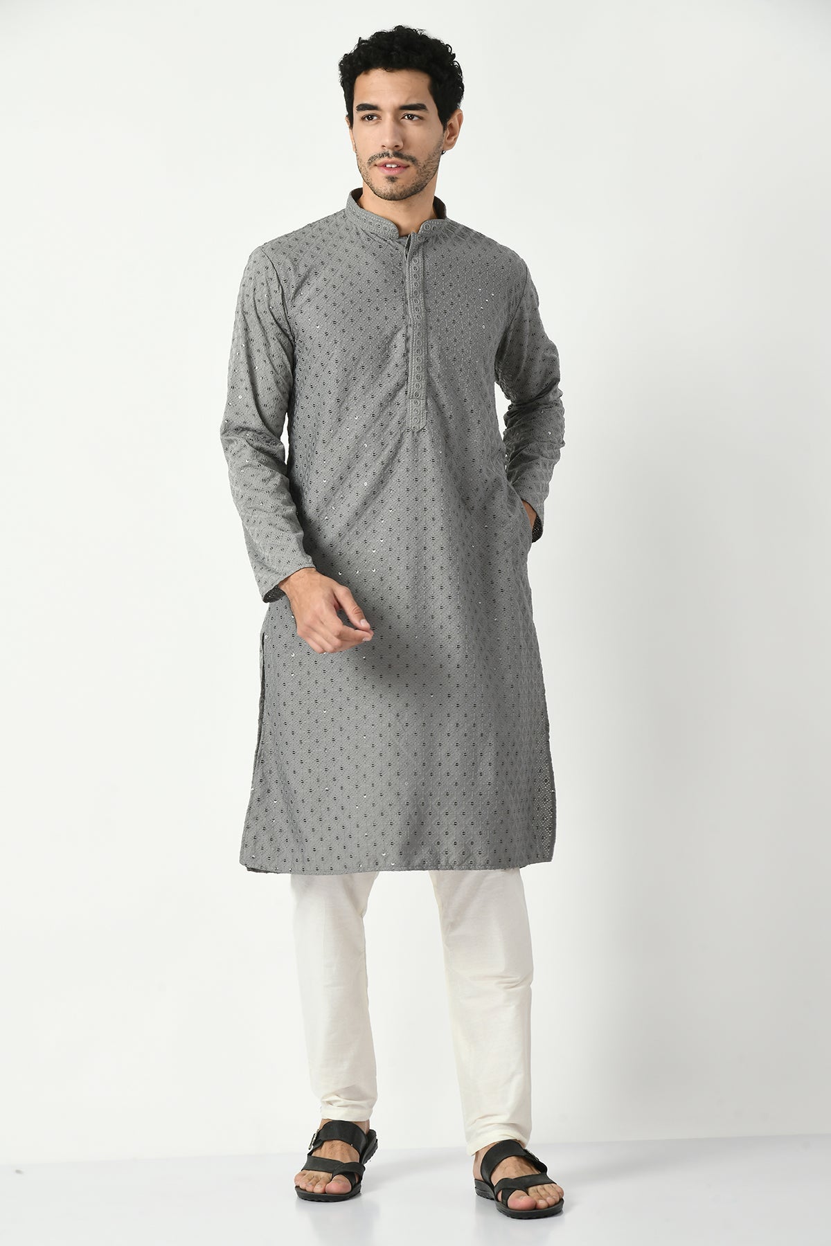 Grey Chikankari Straight Kurta Set