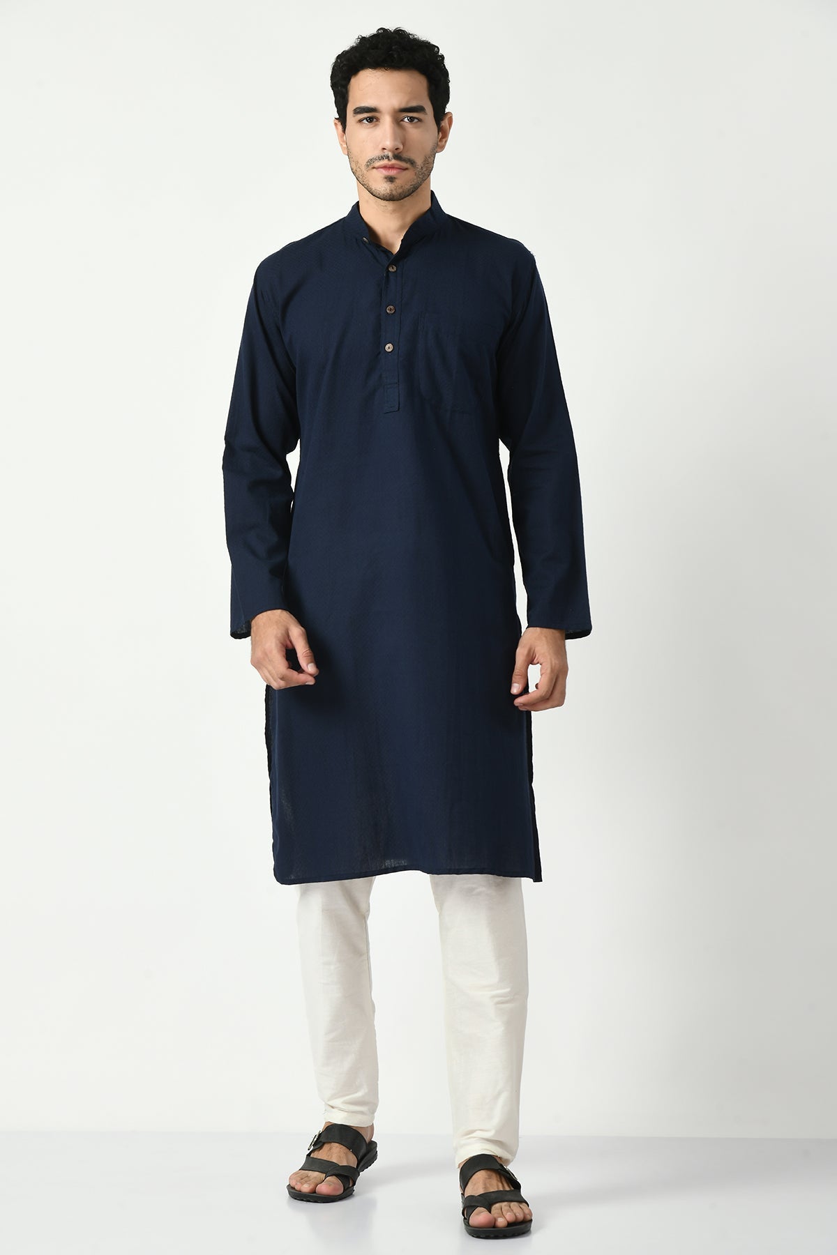 Navy Blue Cotton Dobby Regular Fit Long Kurta