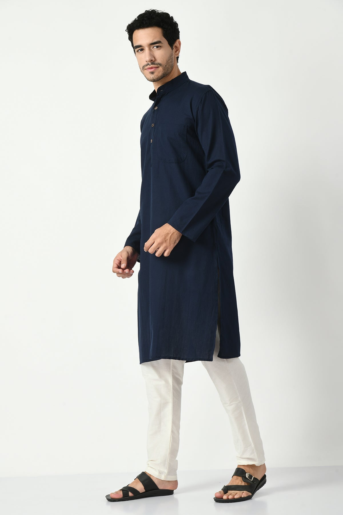 Navy Blue Cotton Dobby Regular Fit Long Kurta