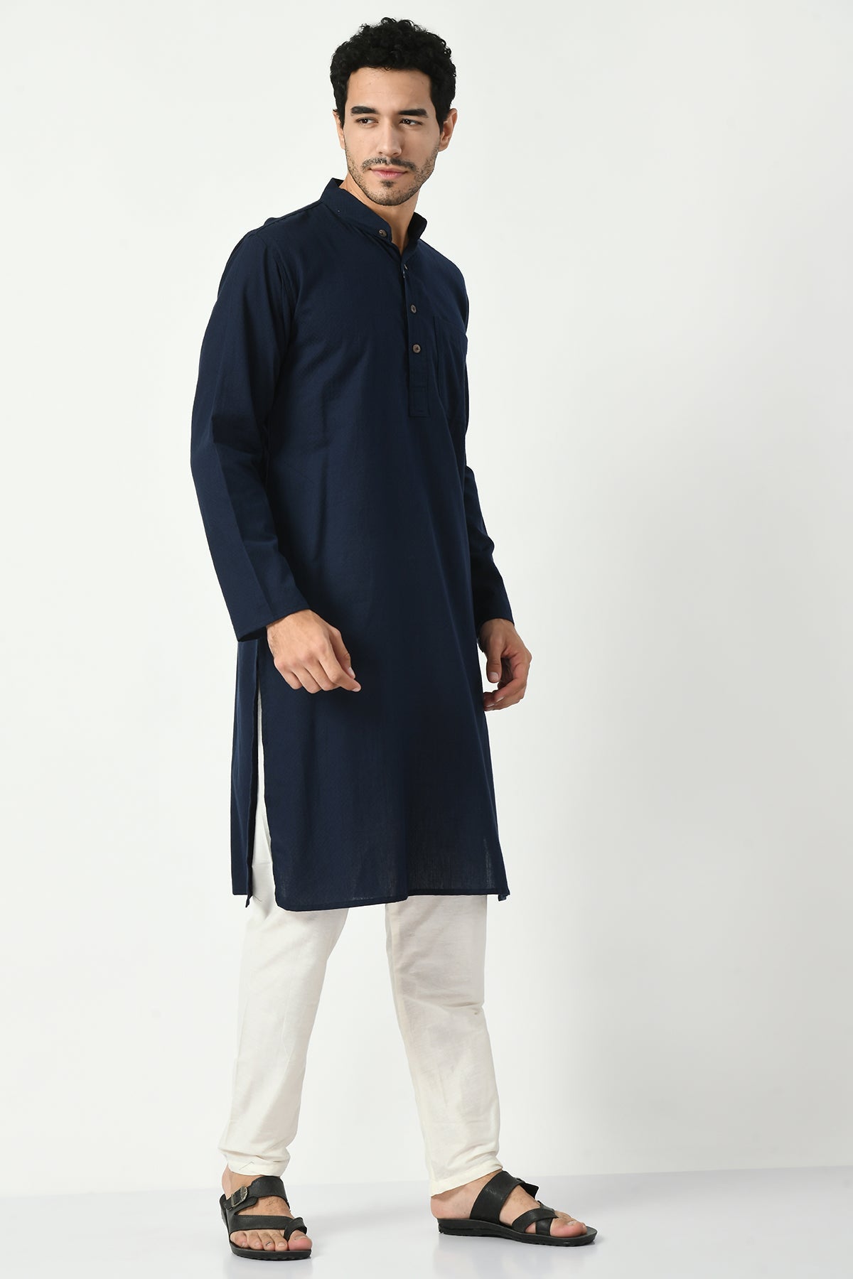 Navy Blue Cotton Dobby Regular Fit Long Kurta