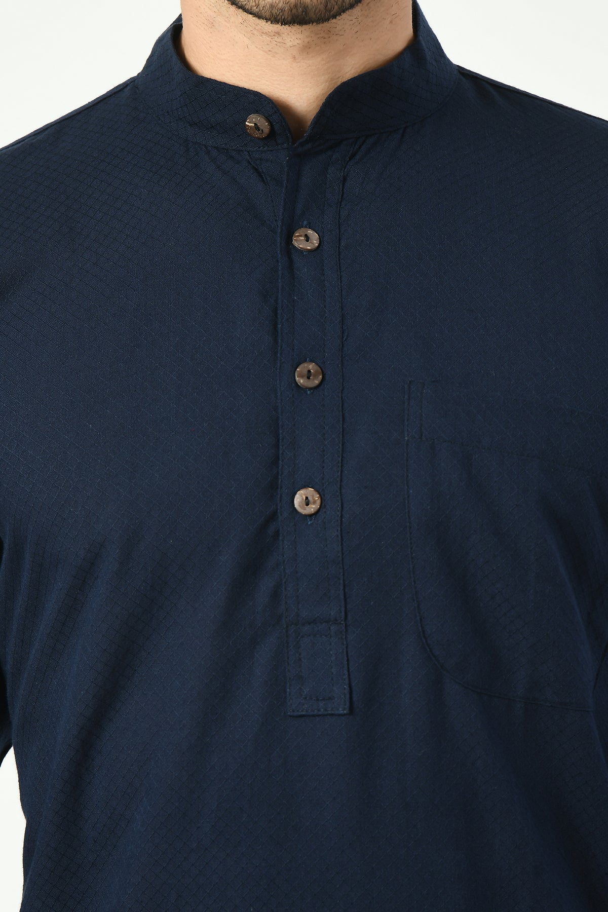 Navy Blue Cotton Dobby Regular Fit Long Kurta