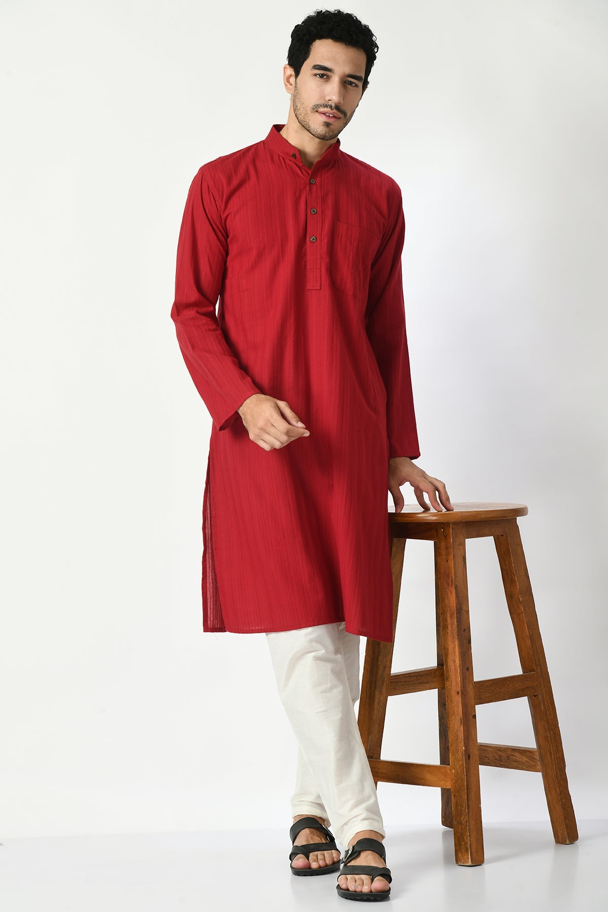 Maroon Cotton Dobby Regular Fit Long Kurta