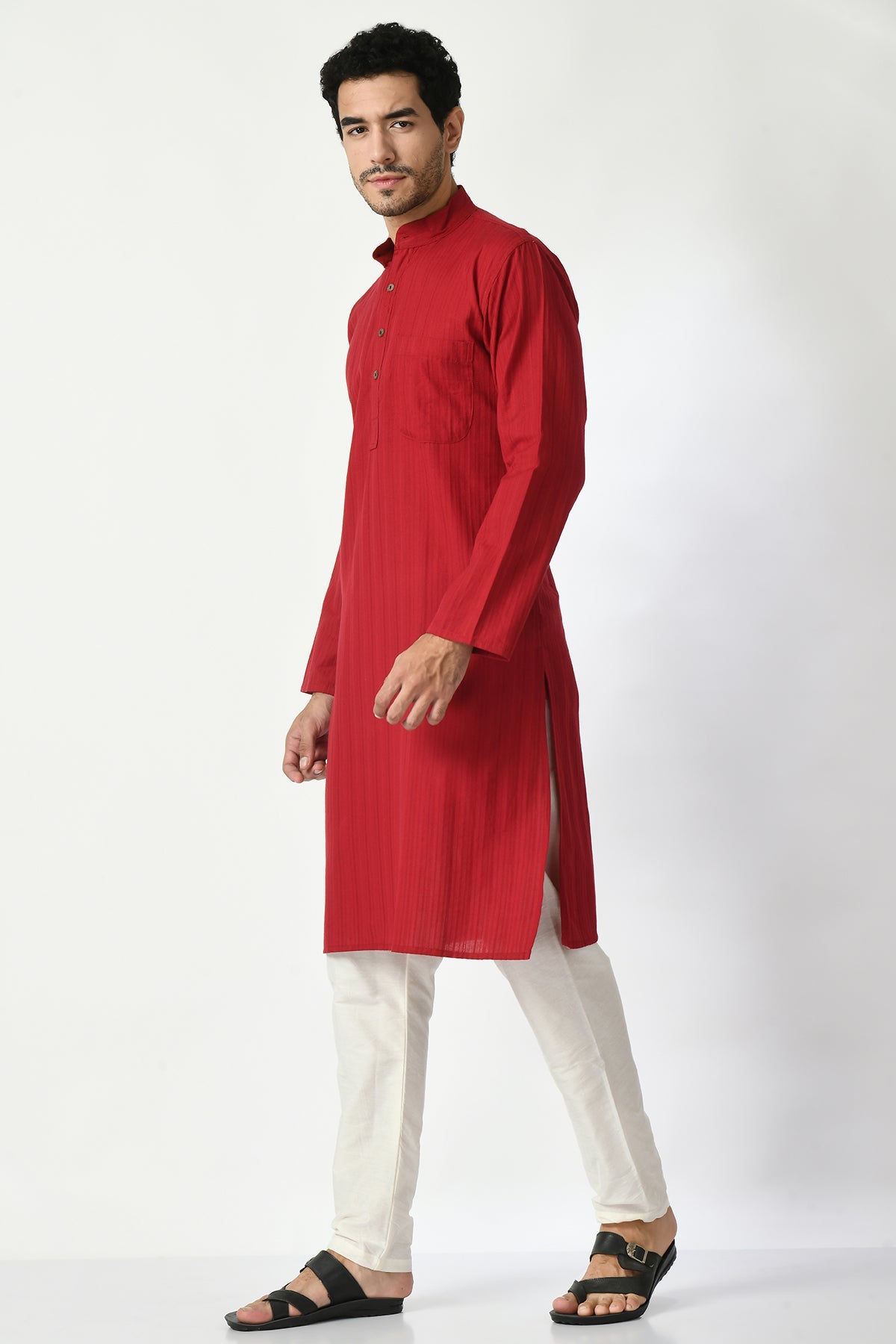 Maroon Cotton Dobby Regular Fit Long Kurta