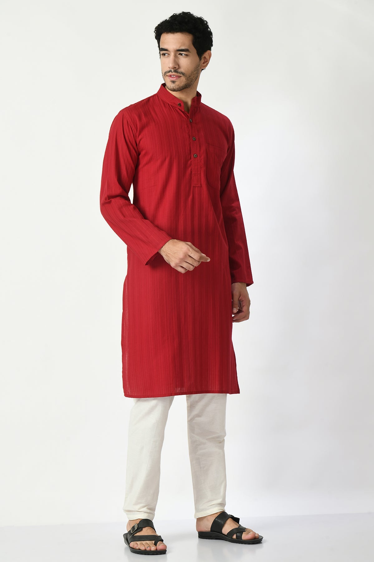 Maroon Cotton Dobby Regular Fit Long Kurta
