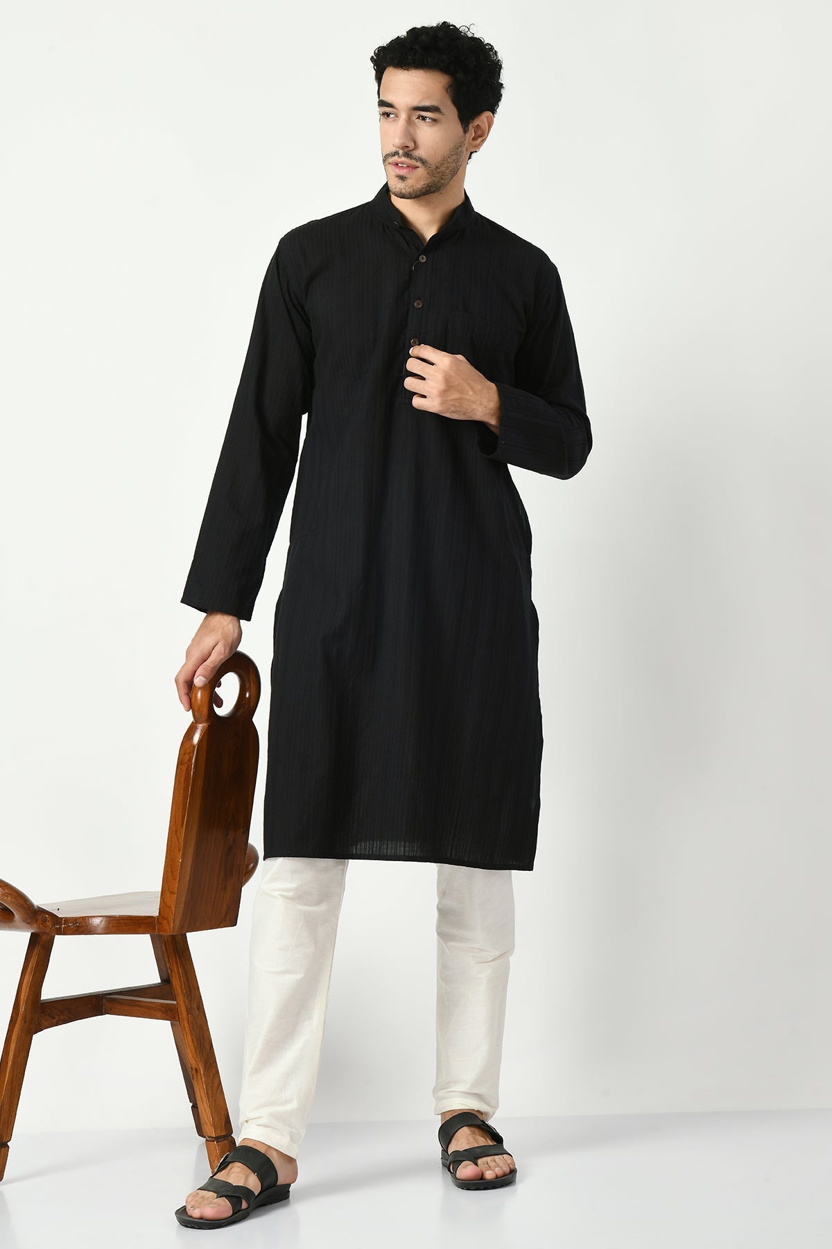 Black Cotton Dobby Regular Fit Long Kurta