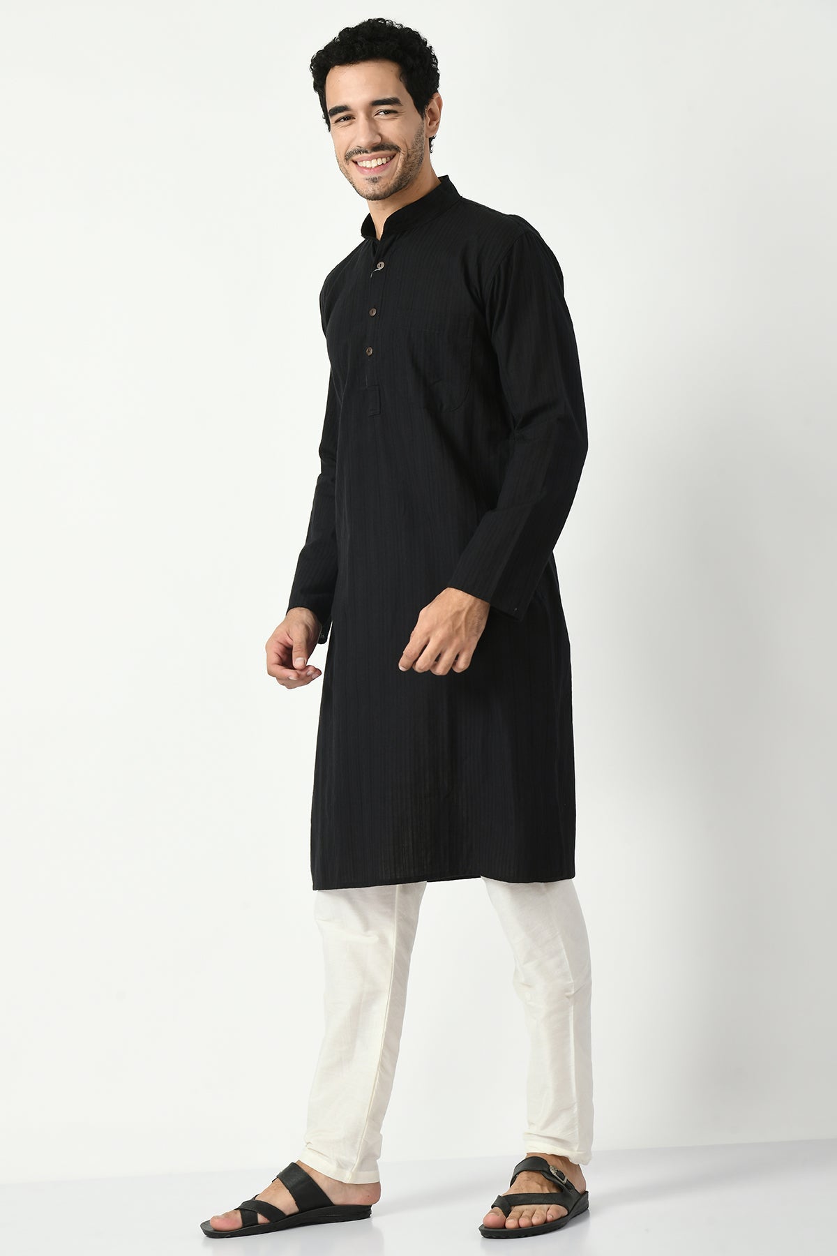 Black Cotton Dobby Regular Fit Long Kurta