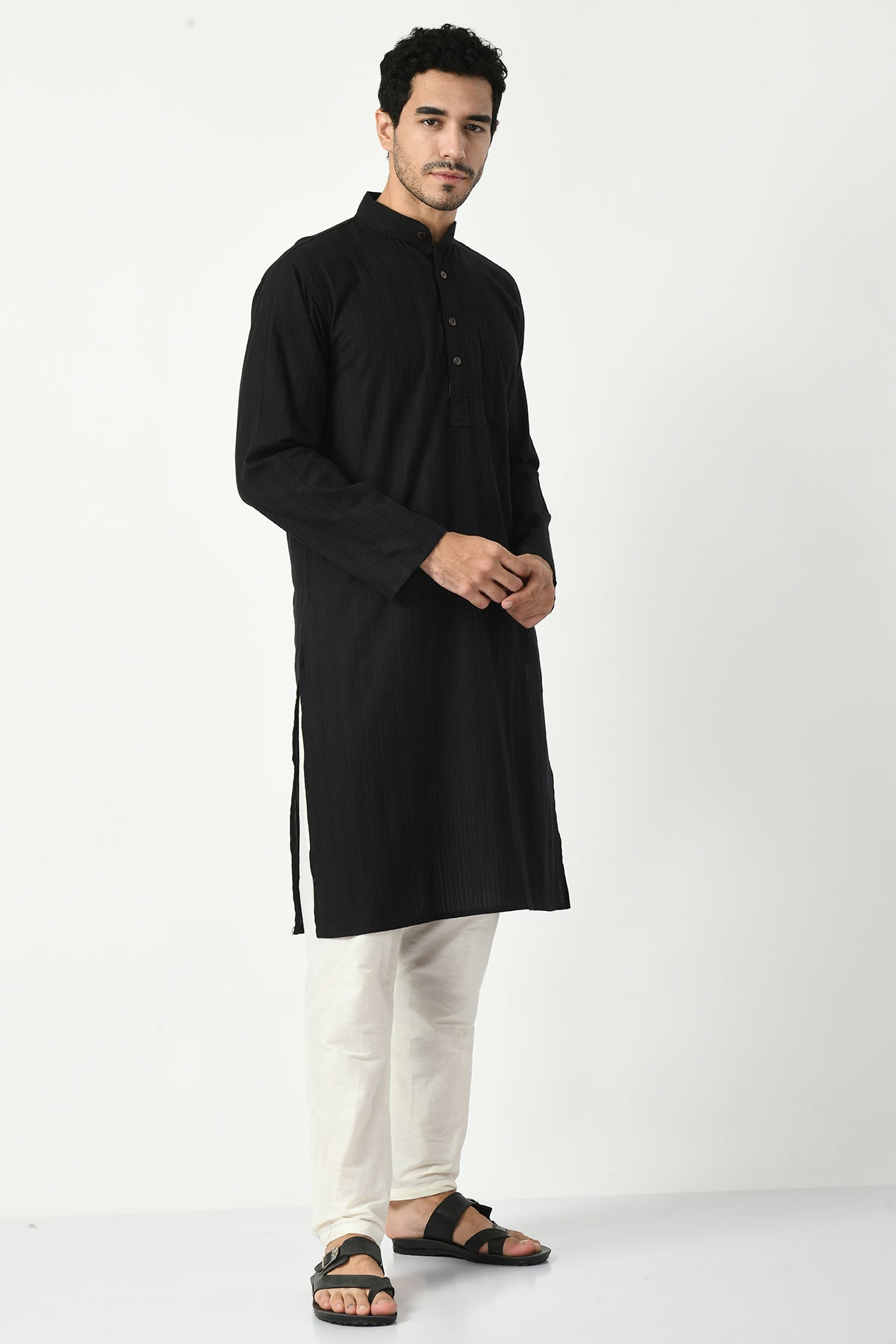 Black Cotton Dobby Regular Fit Long Kurta