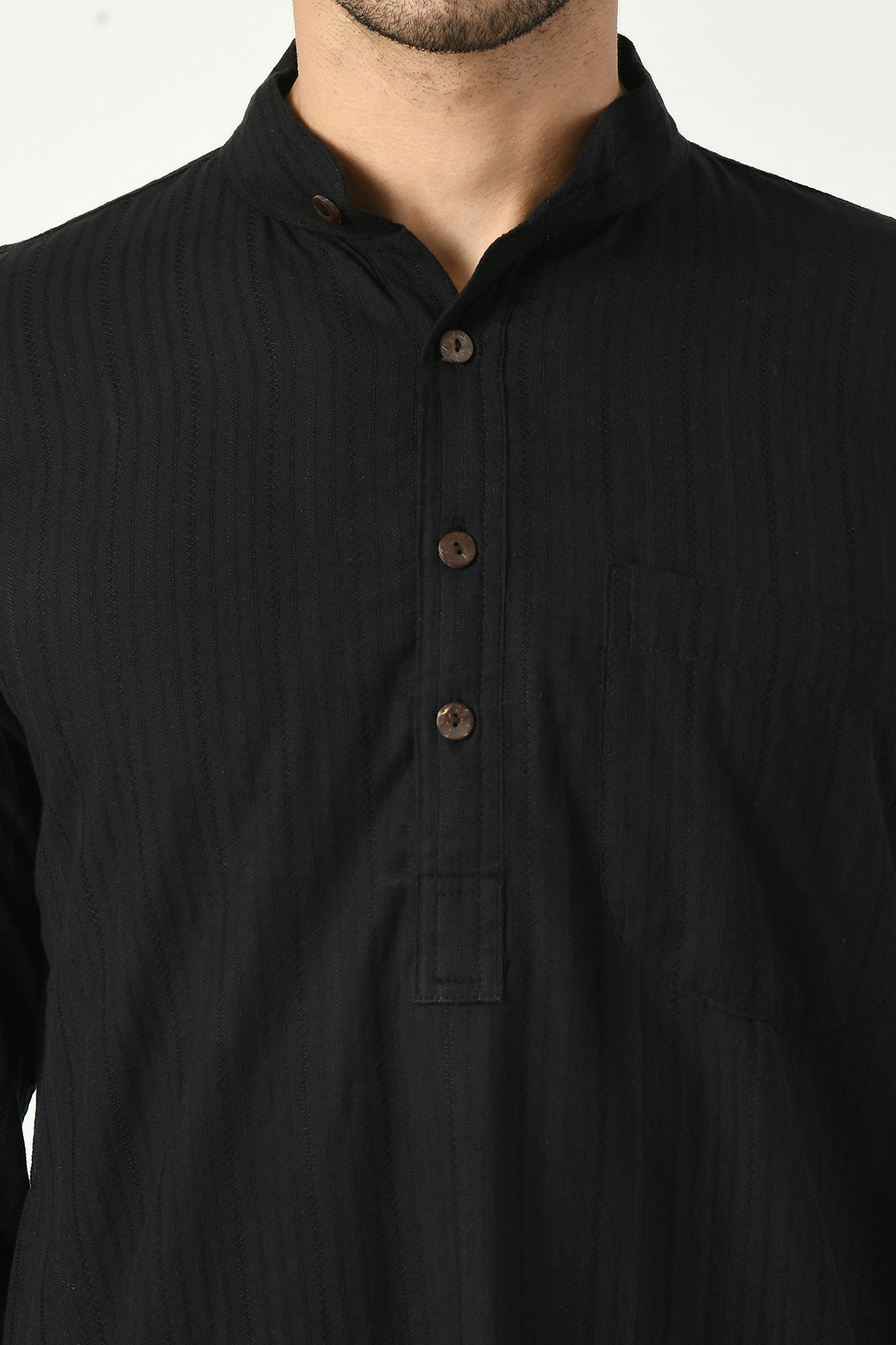 Black Cotton Dobby Regular Fit Long Kurta