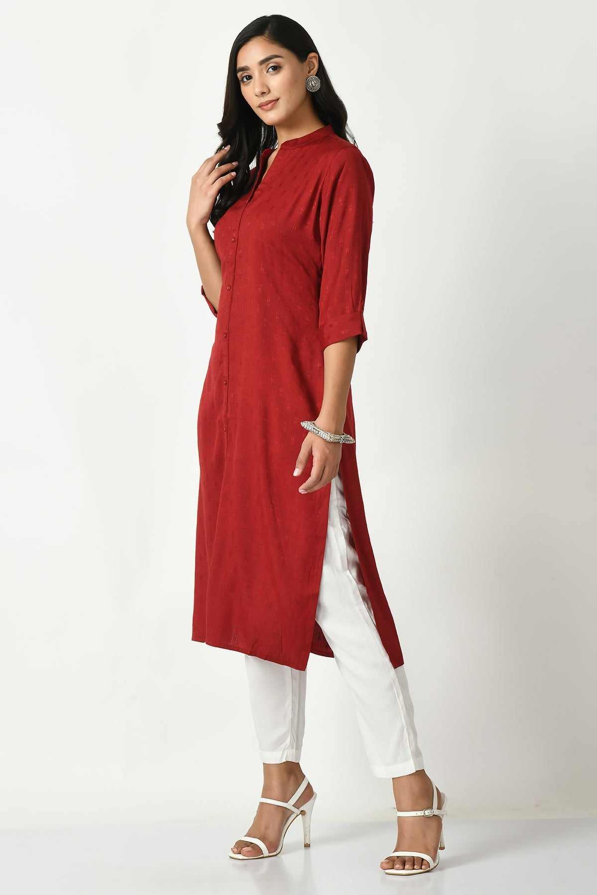 Maroon Self Design Solid Straight Kurta