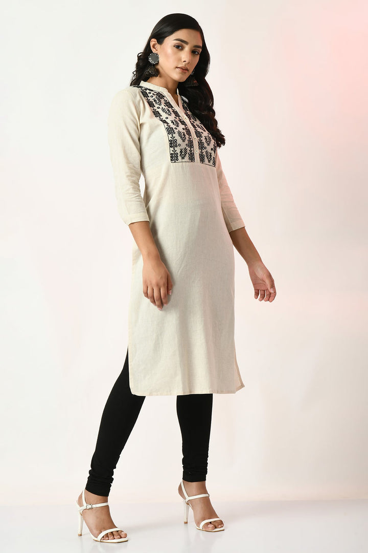 Off White Yoke Embroidered Kurta