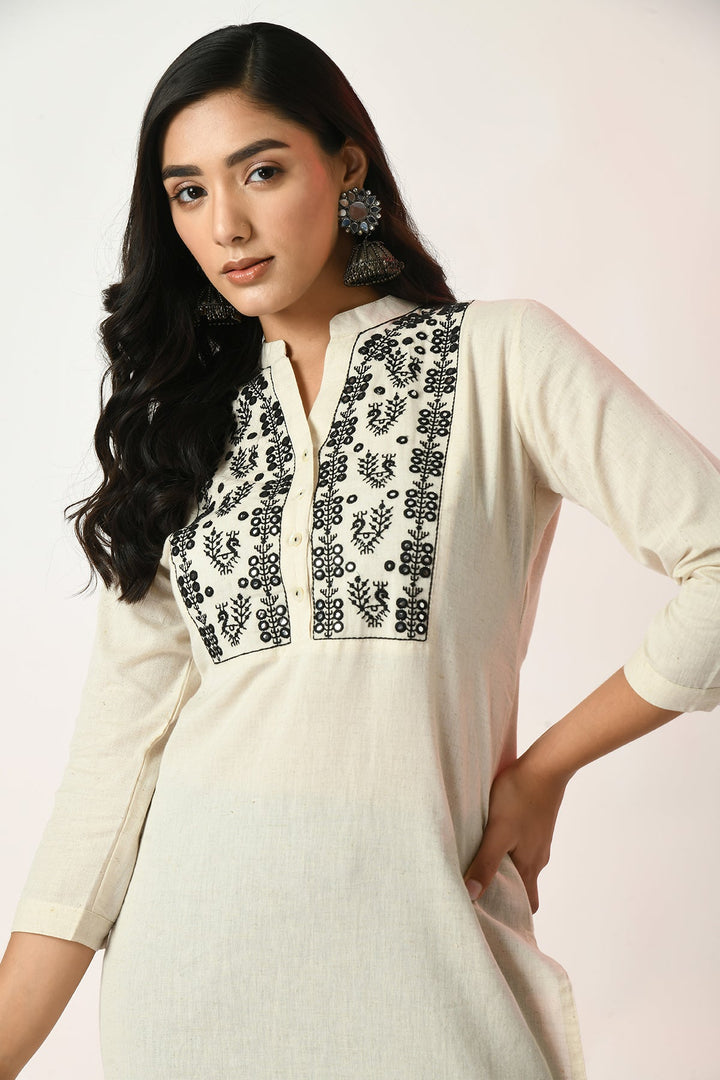 Off White Yoke Embroidered Kurta