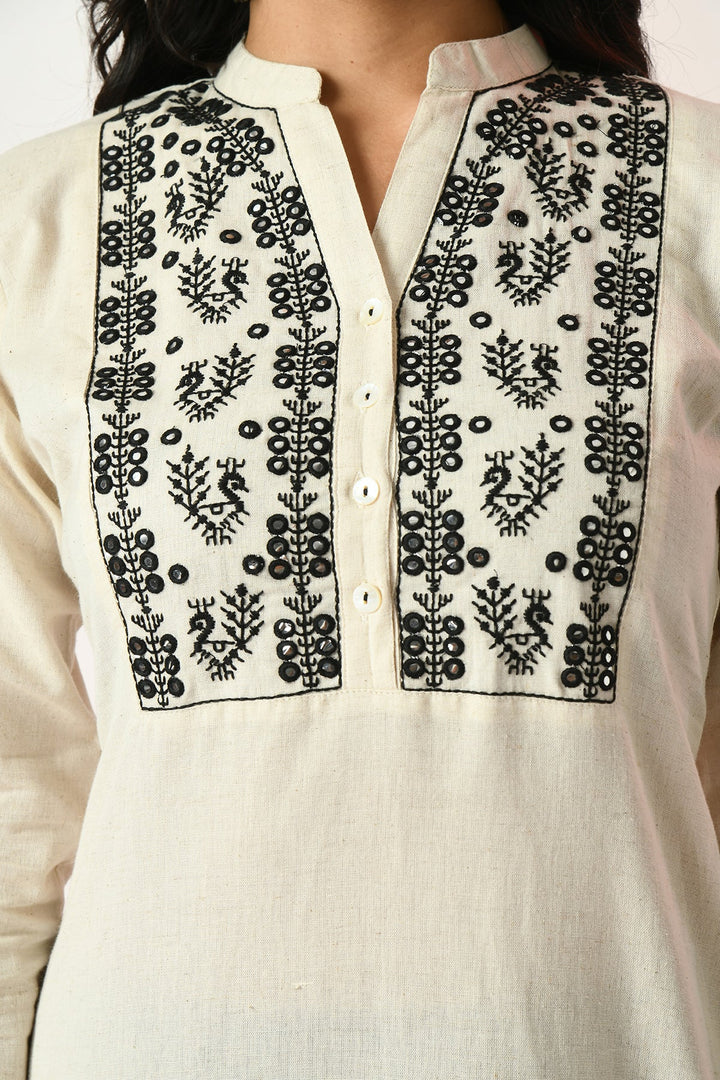Off White Yoke Embroidered Kurta