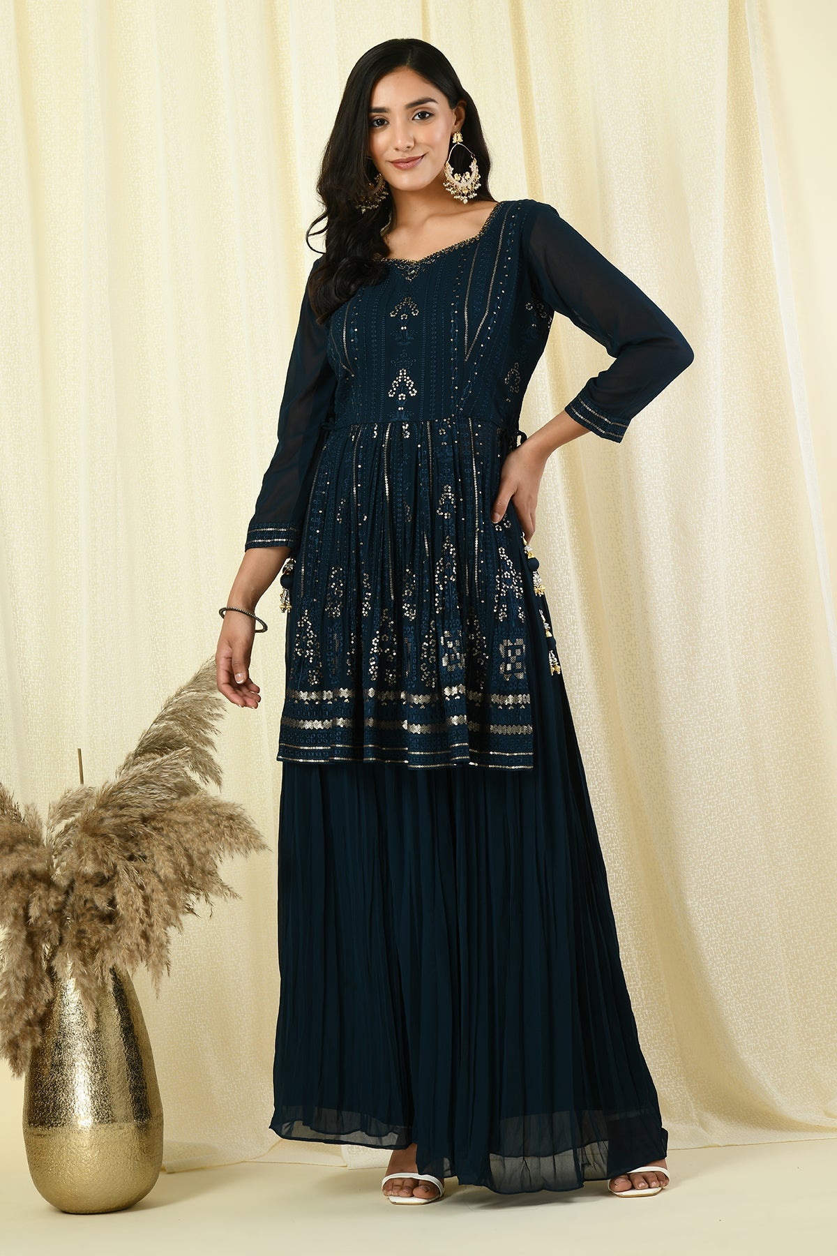 Teal Embroidered Sharara Kurta Set