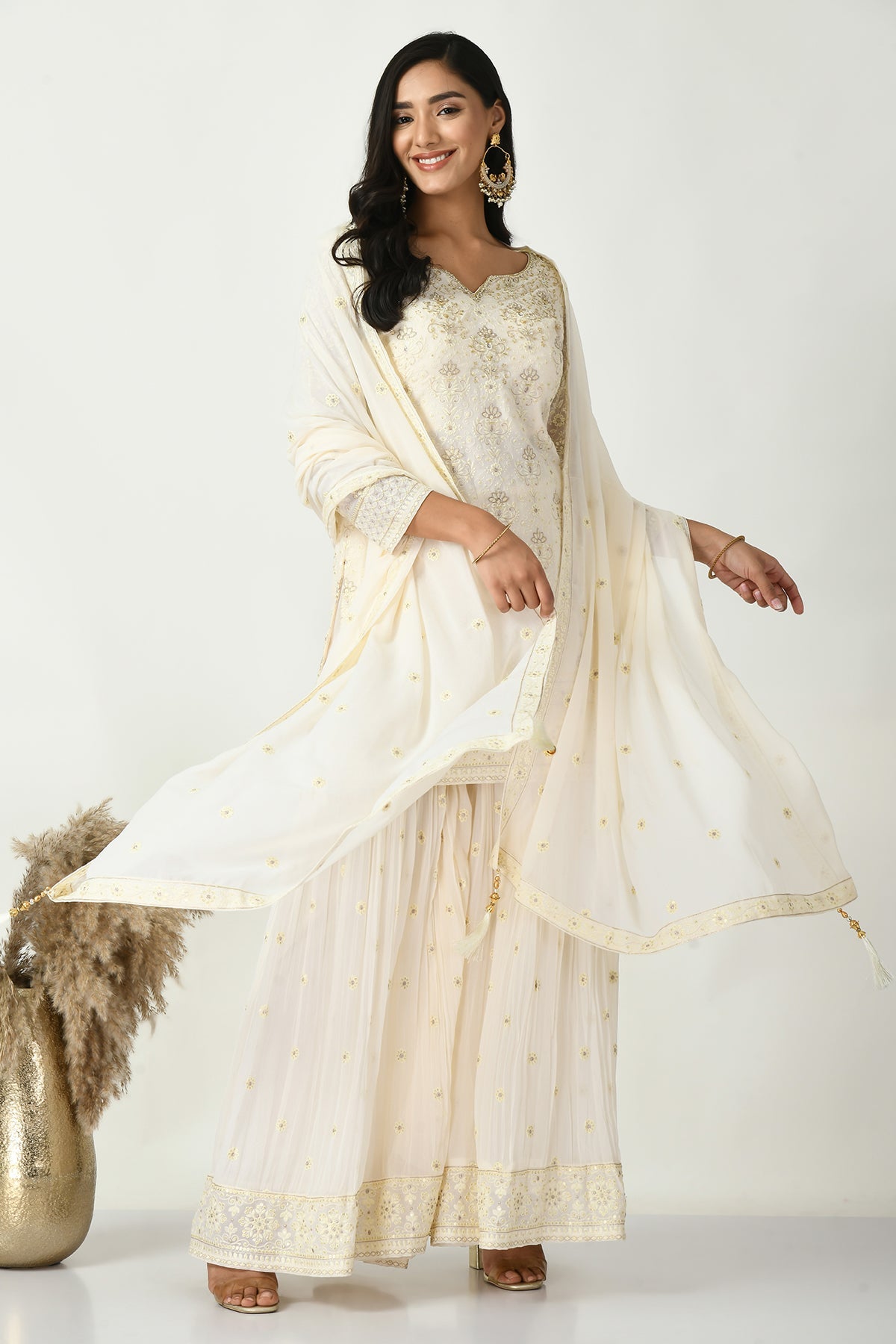 Cream Embroidered Kurta Set