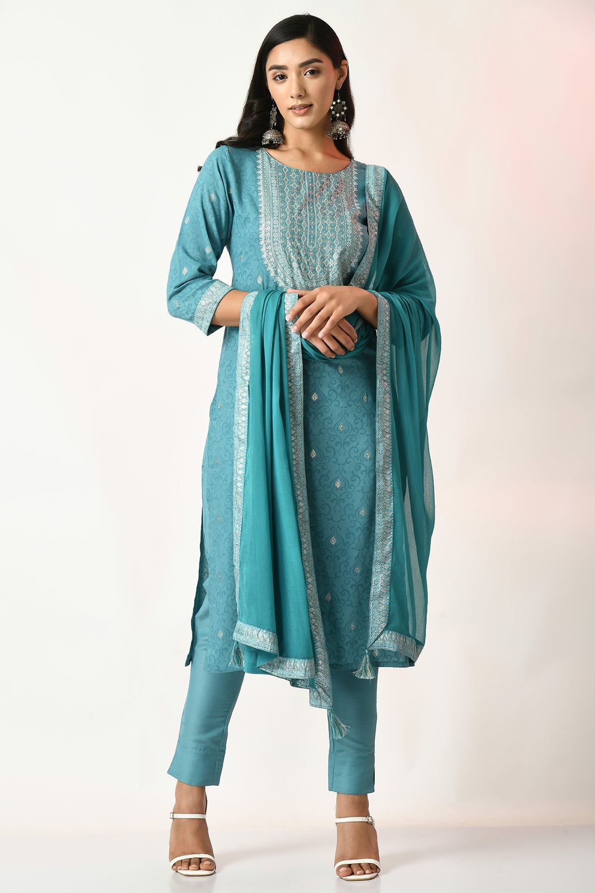 Green Printed Kurta 3 Pcs Set