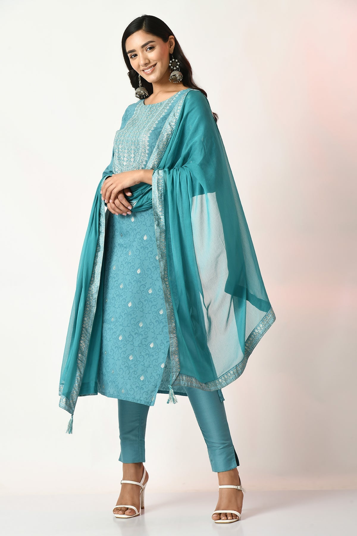 Green Printed Kurta 3 Pcs Set