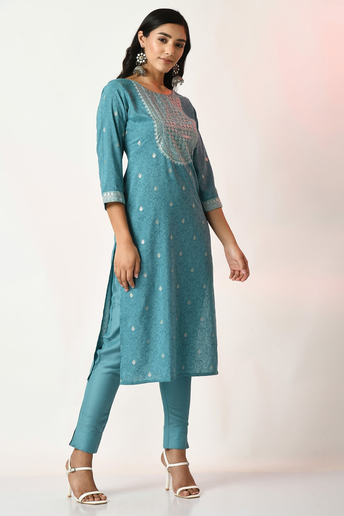 Green Printed Kurta 3 Pcs Set