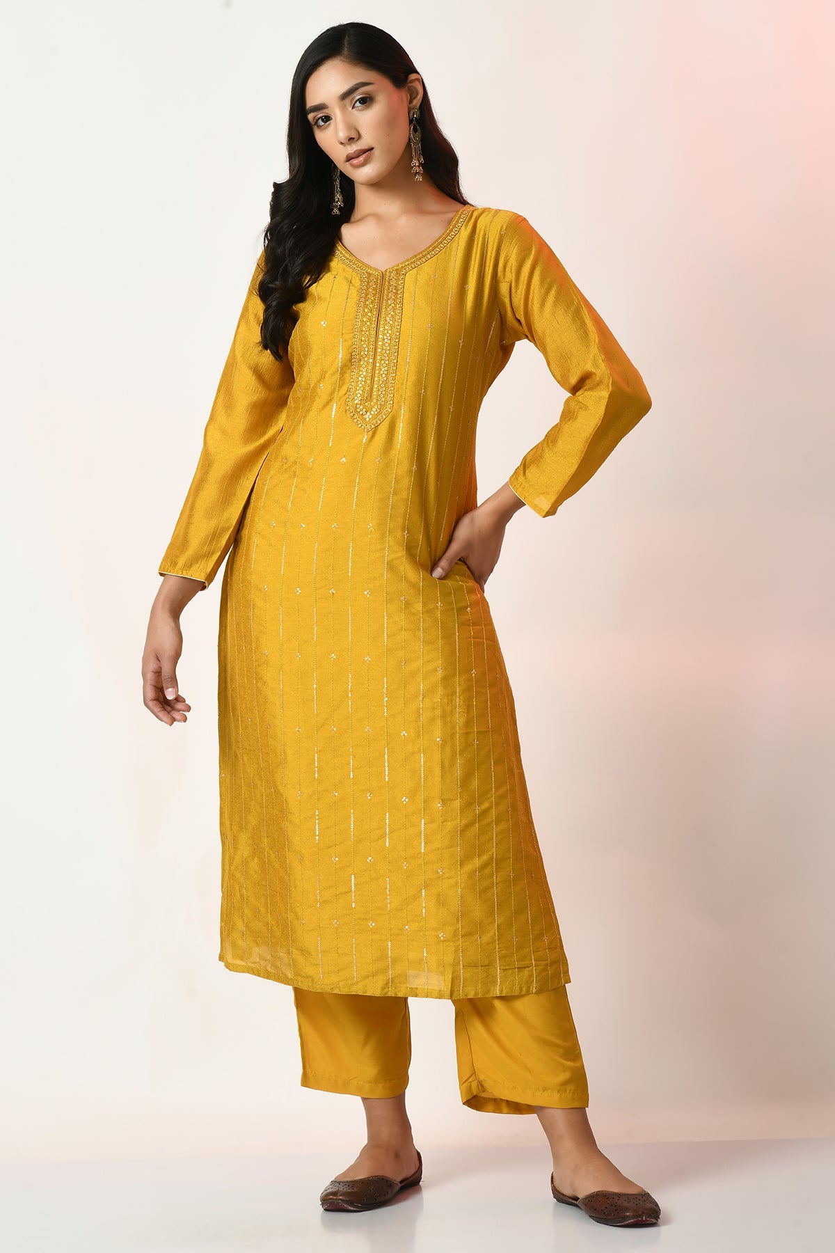 Mustard Embroidered Kurta 3 Pcs Set