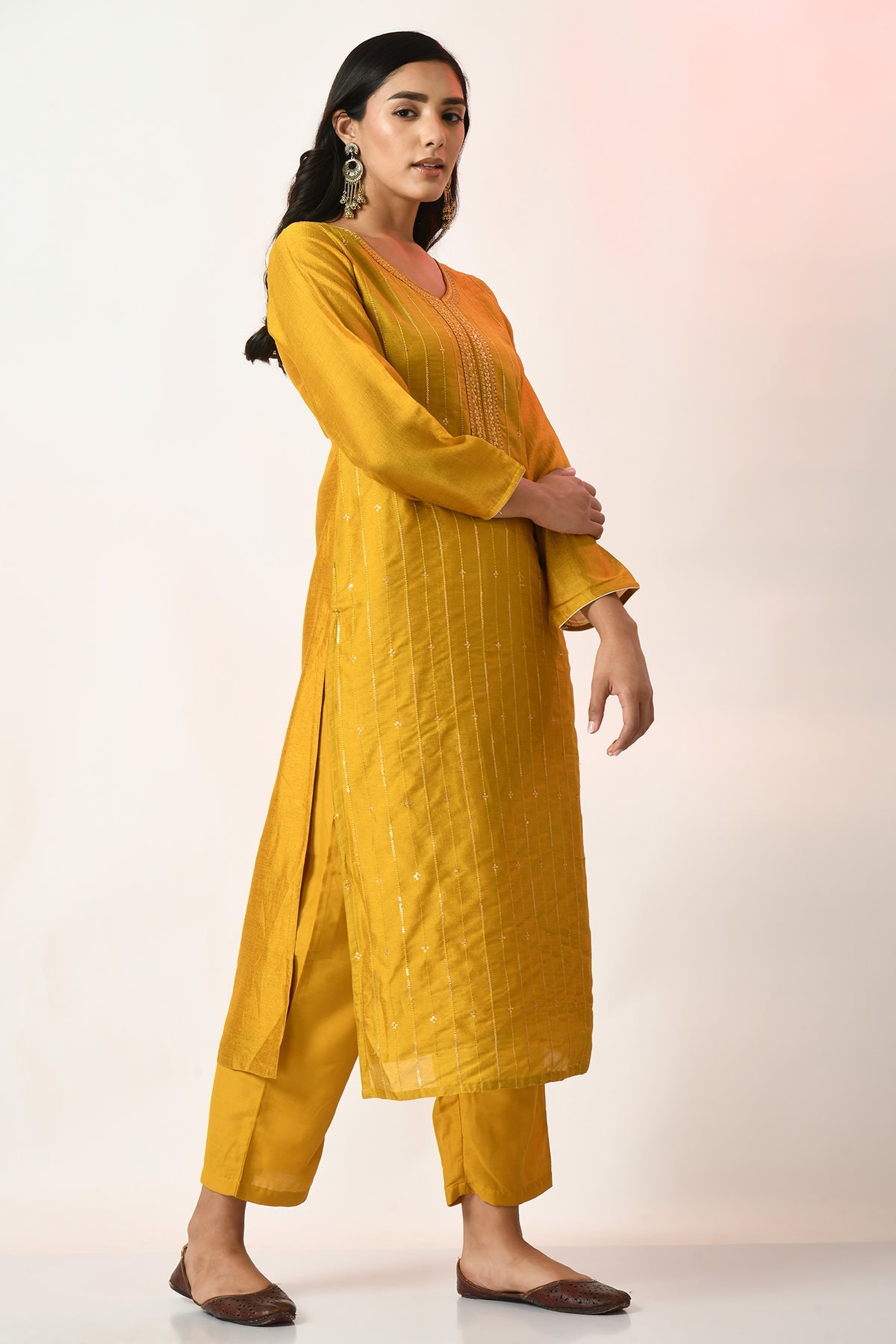 Mustard Embroidered Kurta 3 Pcs Set