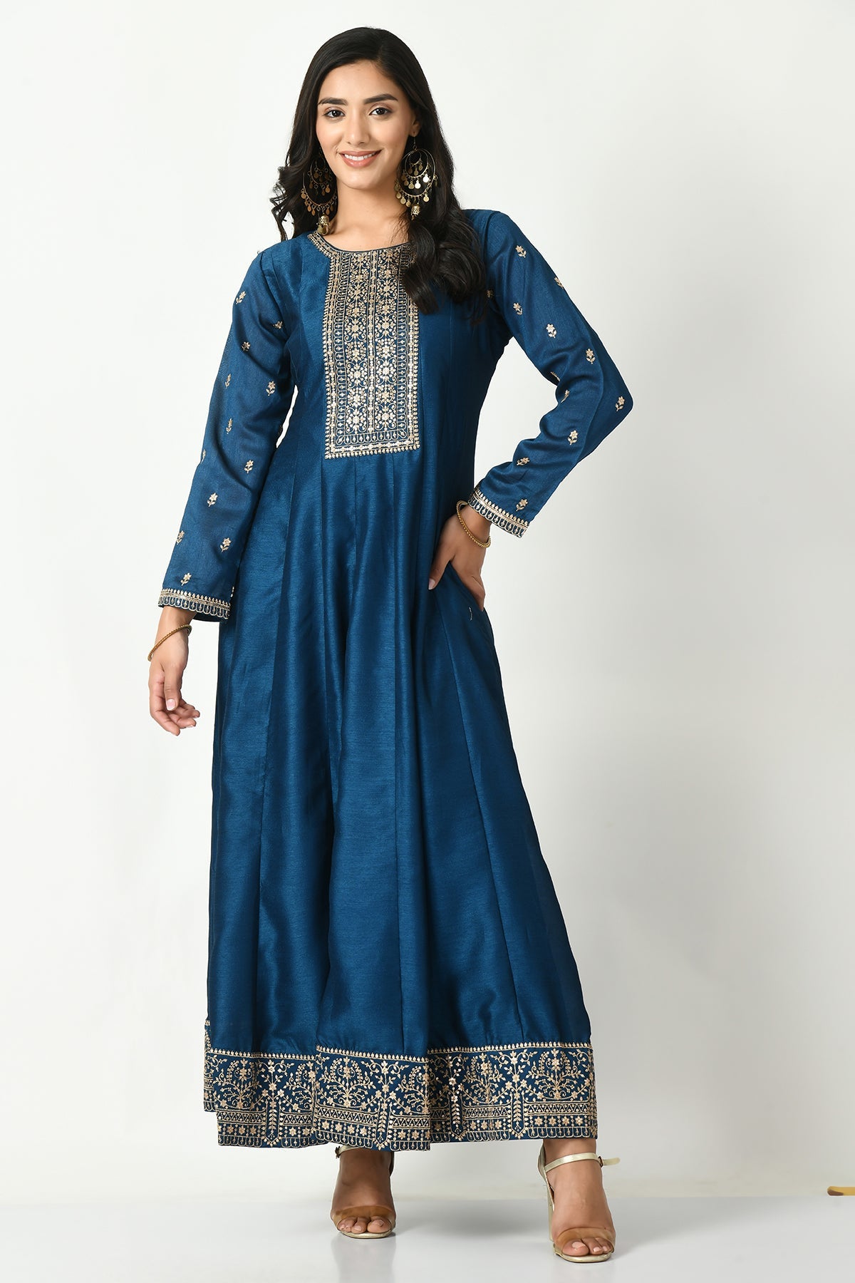 Teal Zari Embroidered Dress with Dupatta