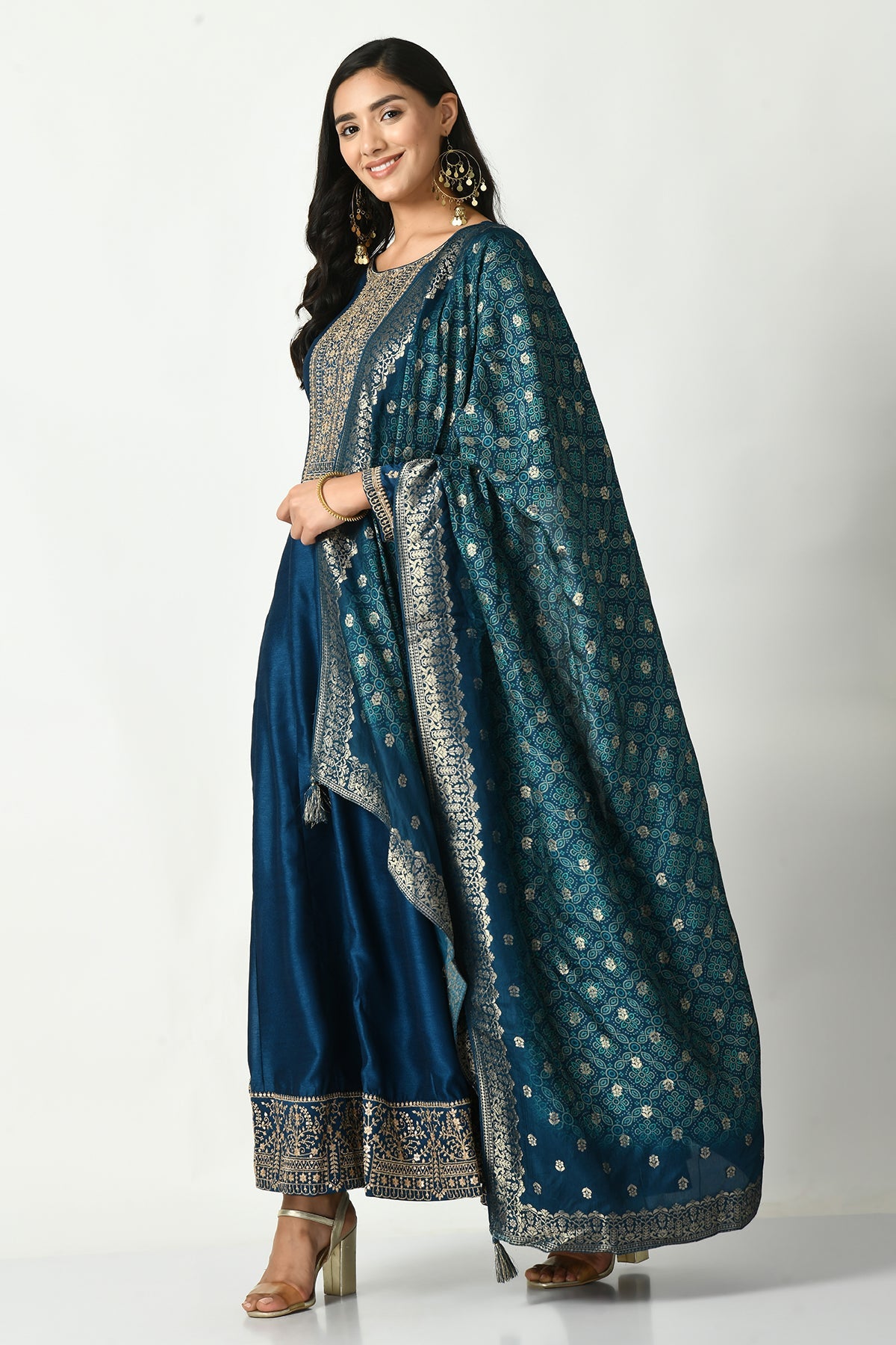 Teal Zari Embroidered Dress with Dupatta