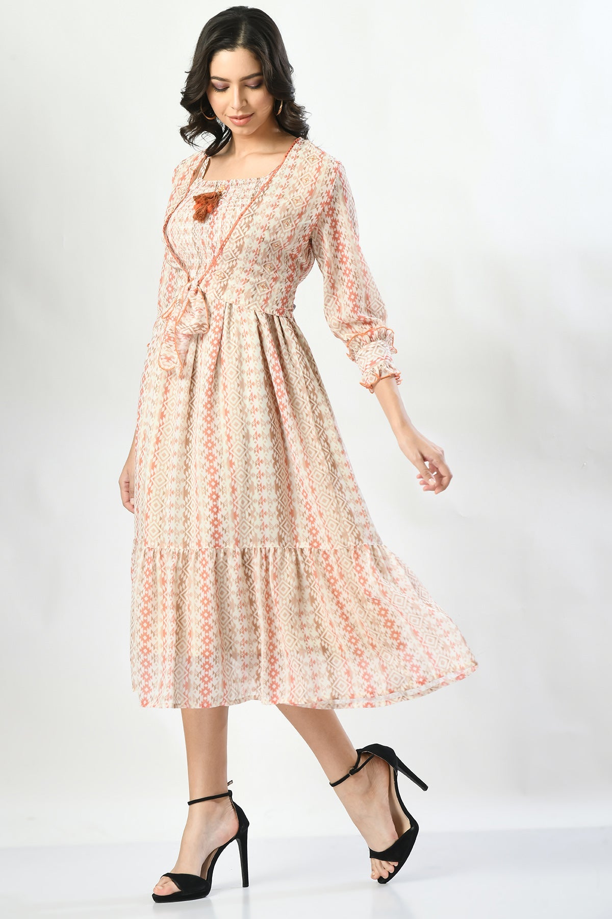 Cream Designer Printed Dress