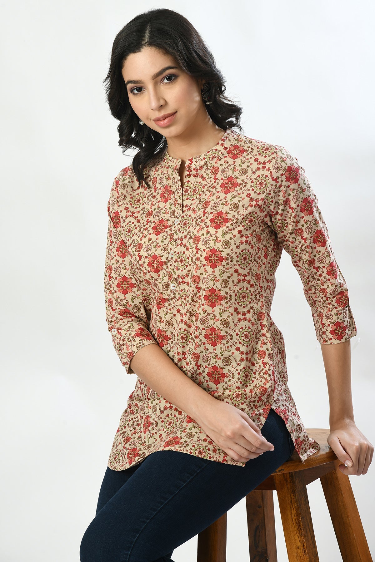 Beige Floral Printed Straight Top