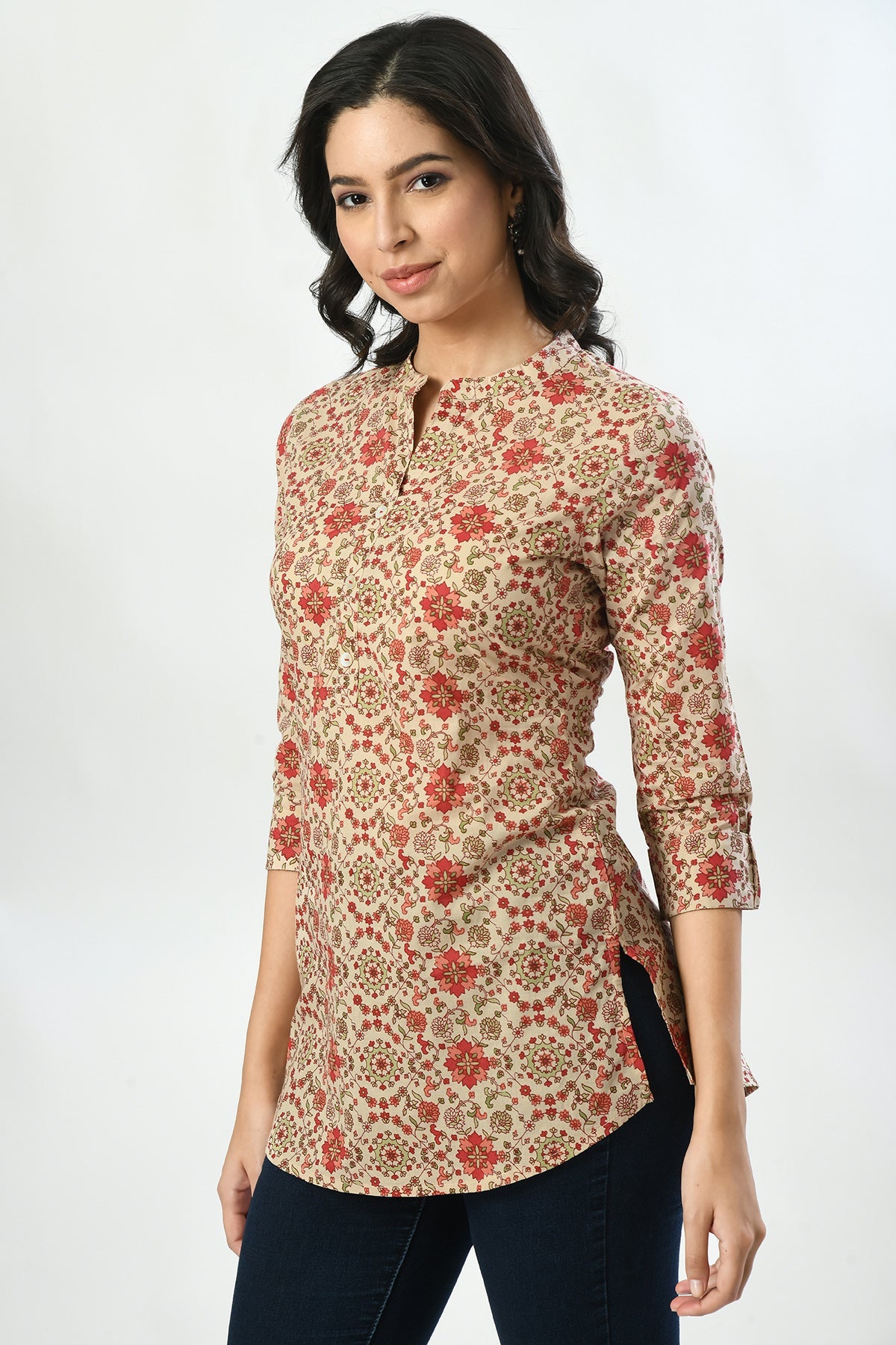 Beige Floral Printed Straight Top