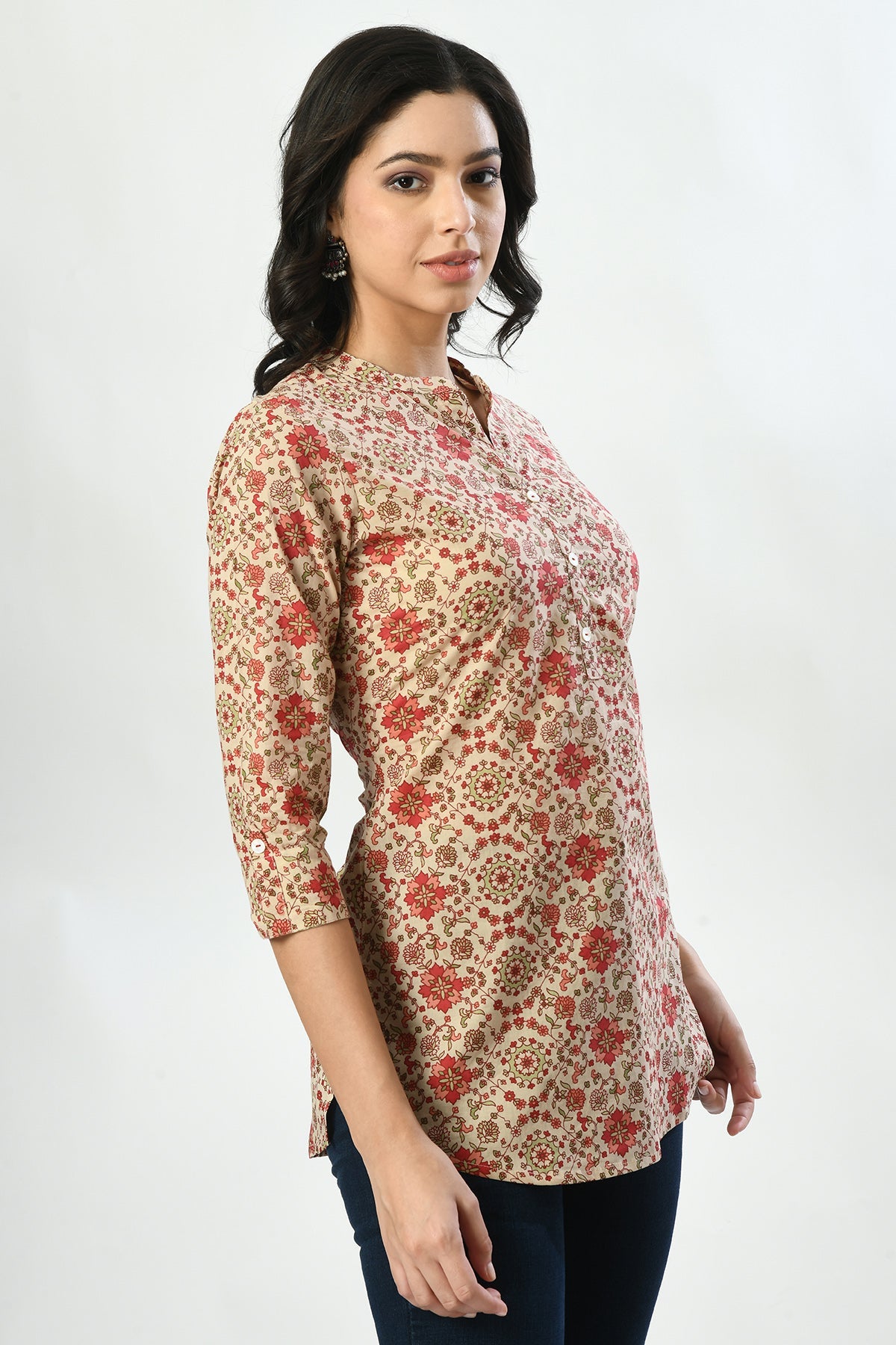 Beige Floral Printed Straight Top
