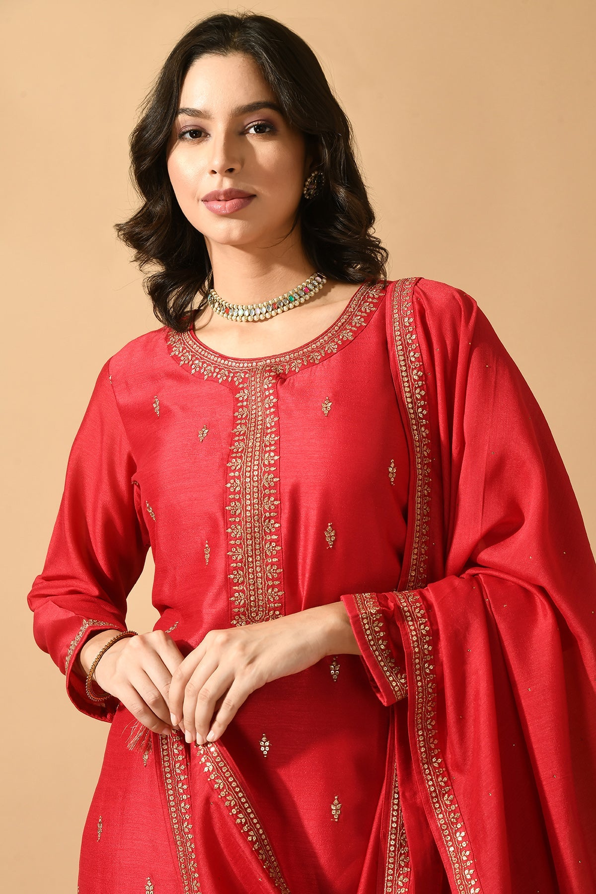 Magenta Embroidered Kurta 3 Pcs Set