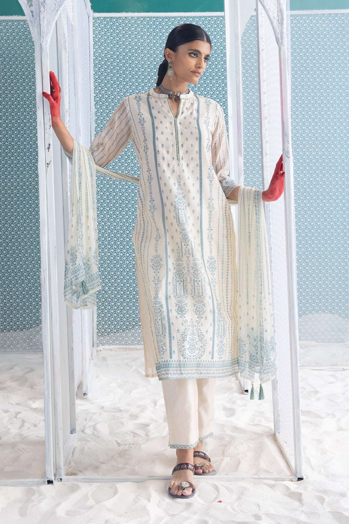 Cream Printed Kurta Set