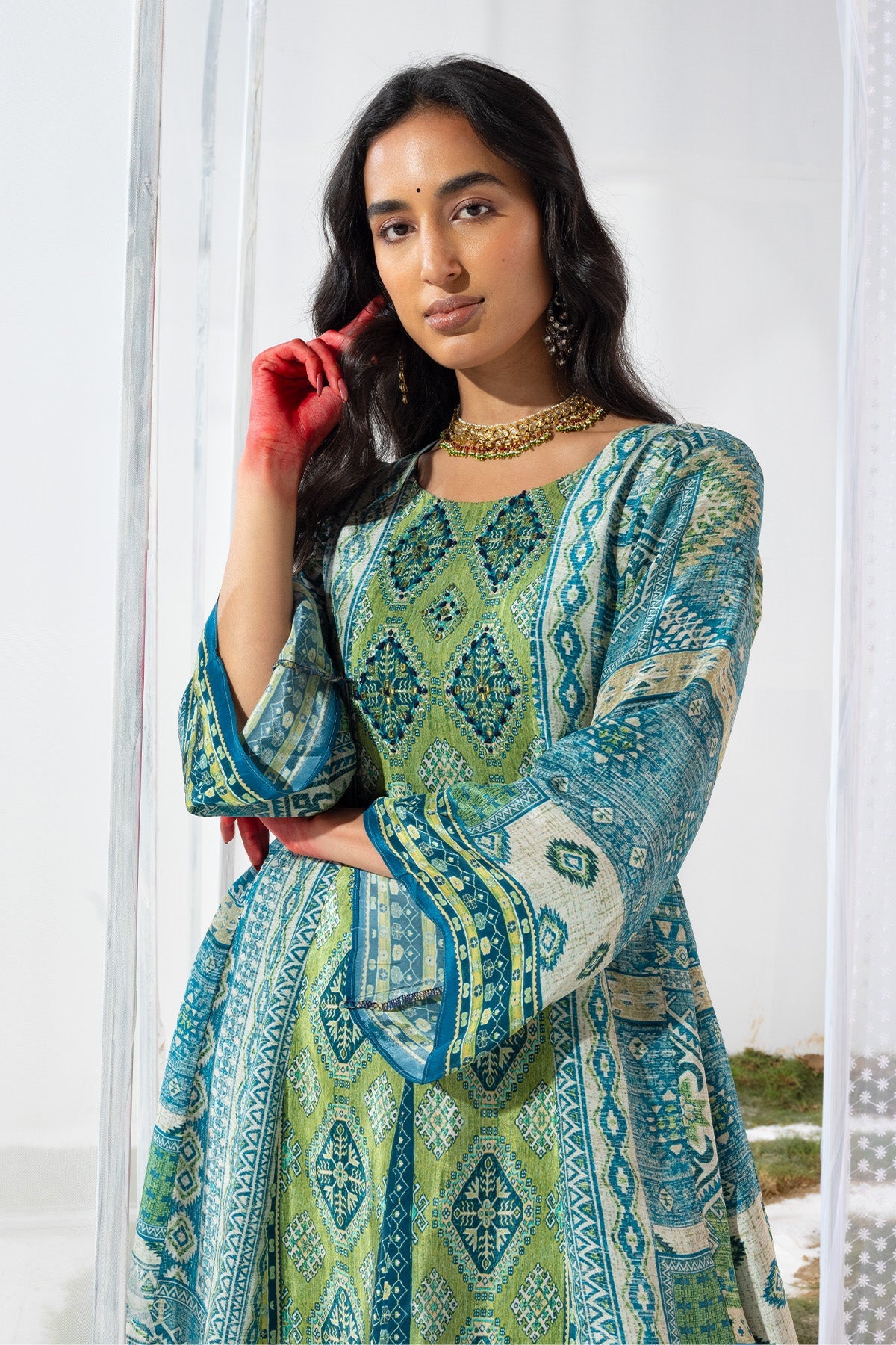 Green Embellished Flared Kurta Set