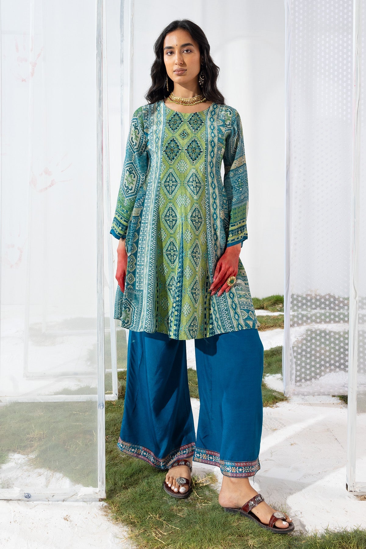 Green Embellished Flared Kurta Set