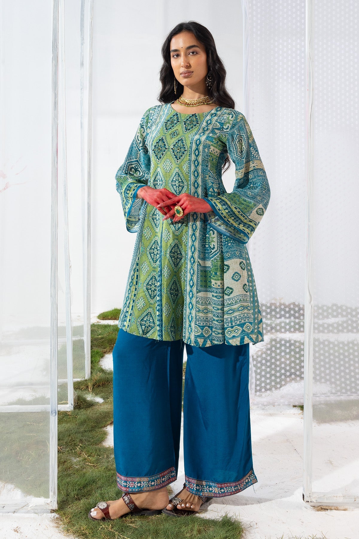 Green Embellished Flared Kurta Set