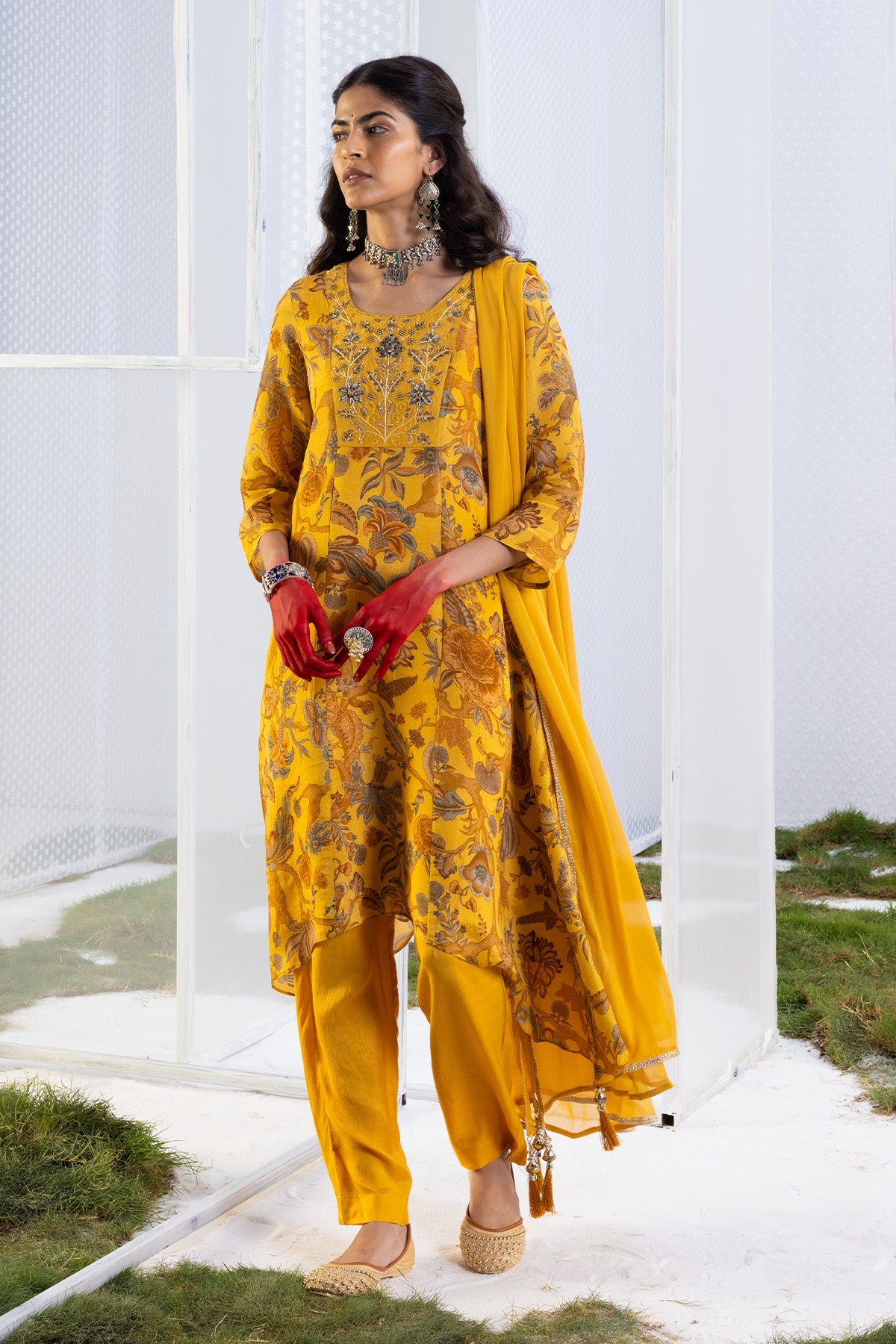 Mustard Floral Yoke-Embellished Kurta Set.
