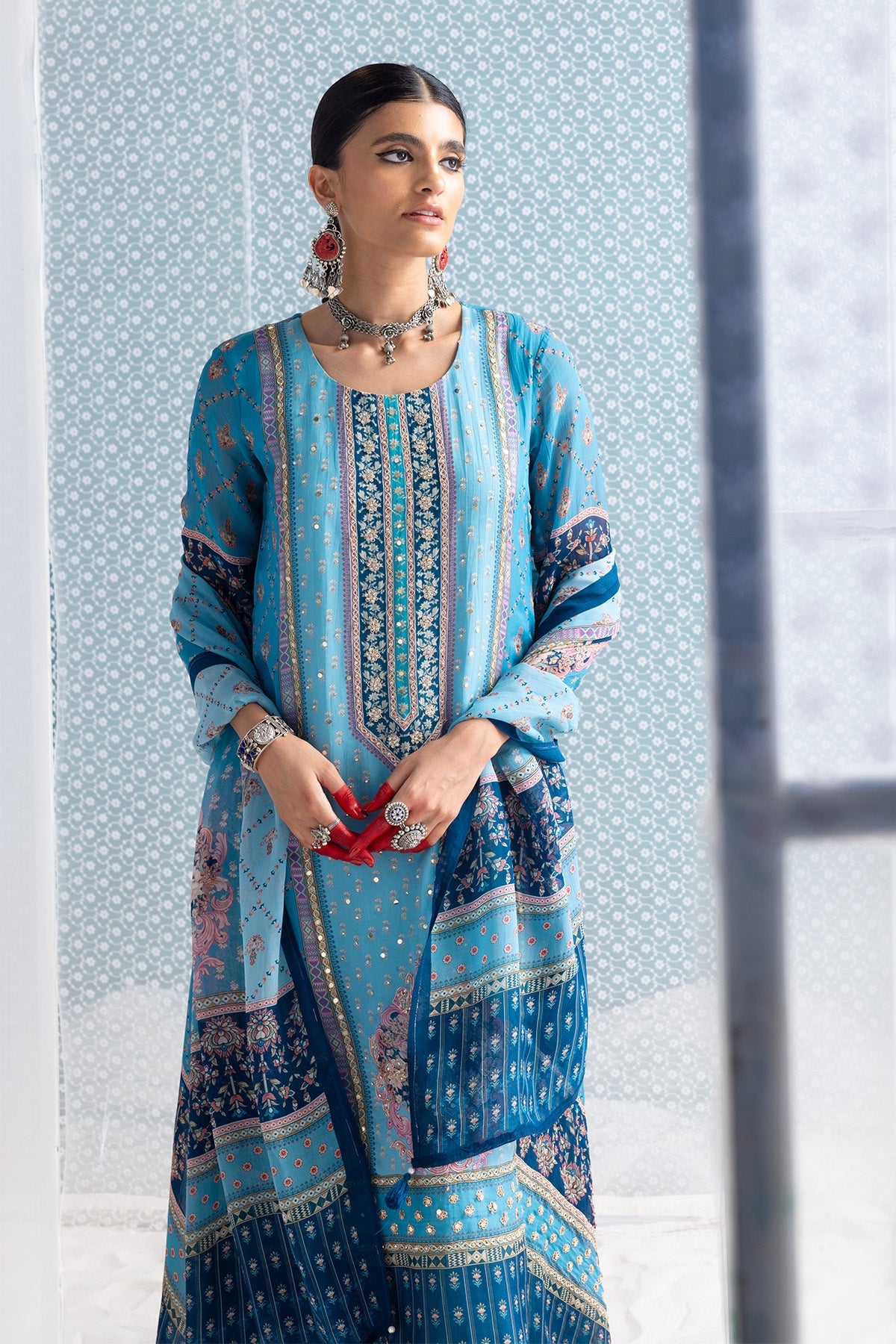 Blue Printed and Embellished Kurta Set