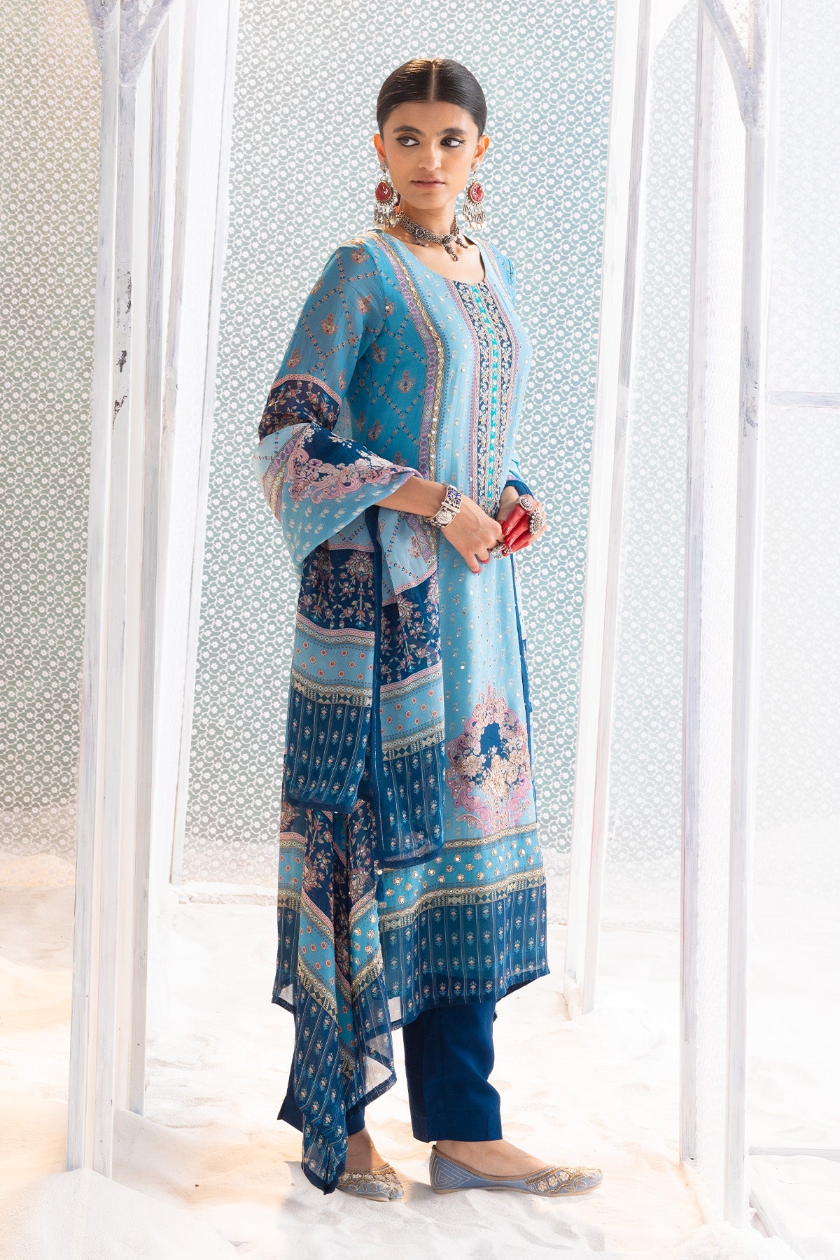Blue Printed and Embellished Kurta Set
