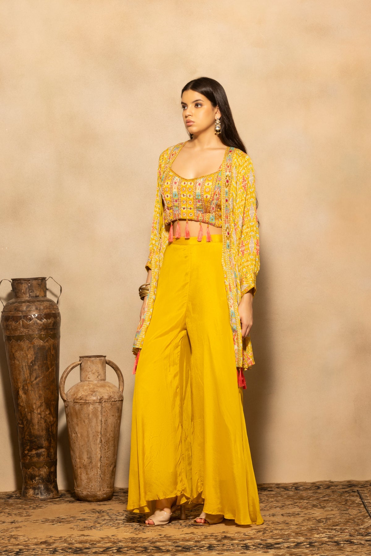 Yellow Embellished Flared Kurta 3 Pcs Set