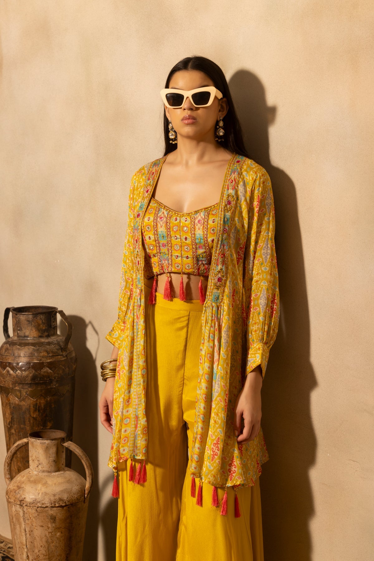 Yellow Embellished Flared Kurta 3 Pcs Set