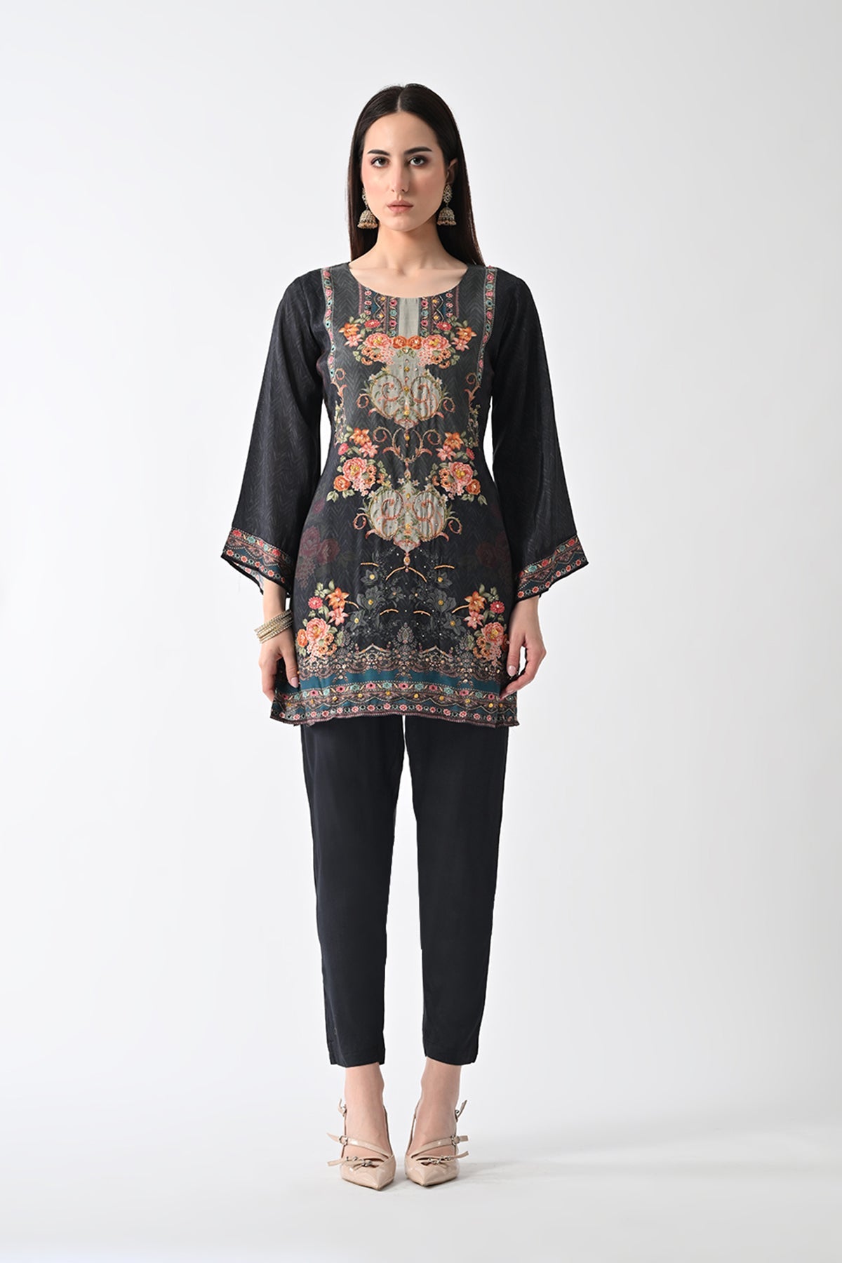 Grey Printed Straight Kurta Set (2 Piece)